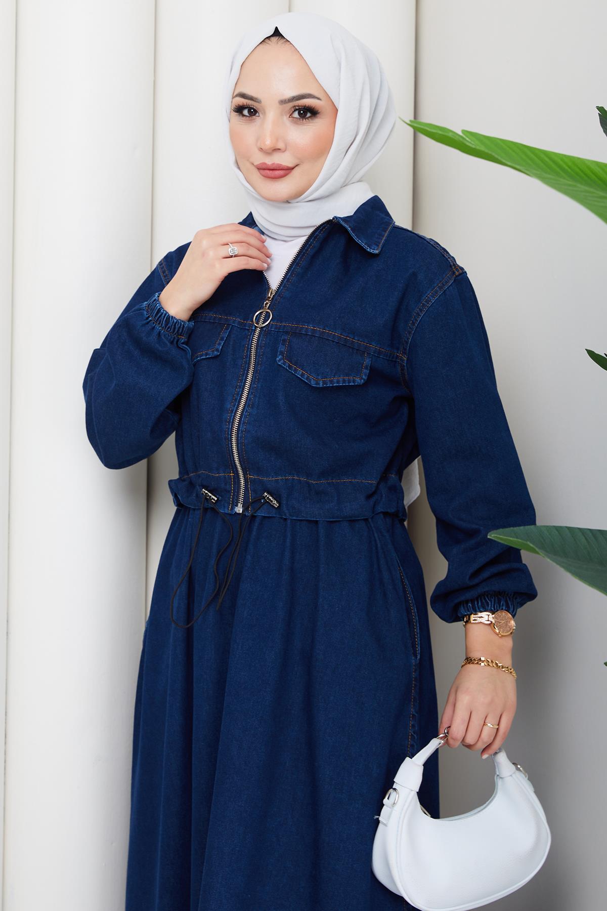 Beli Lastikli Fermuarlı Kot Takım HM2875 Koyu Mavi