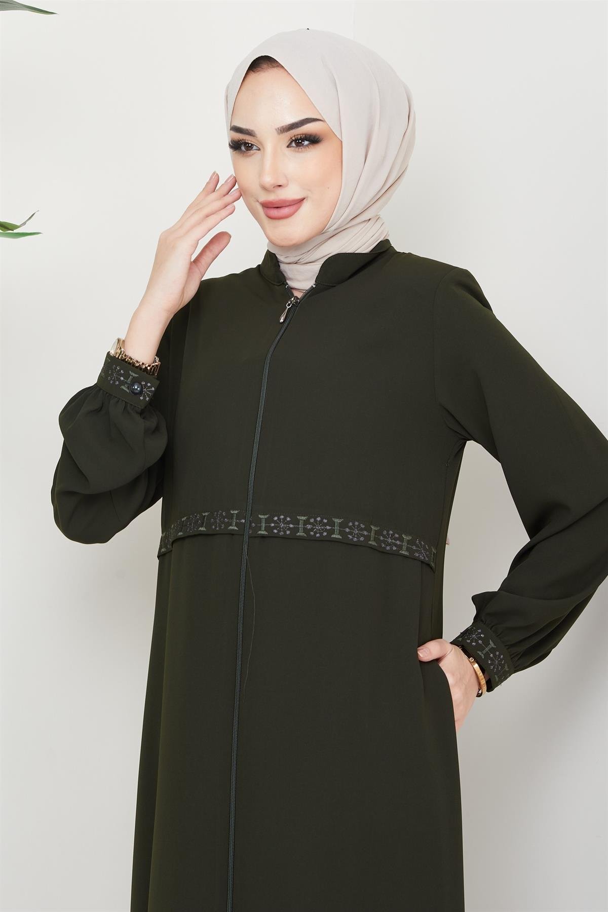Beli Nakış İşlemeli Ferace Haki