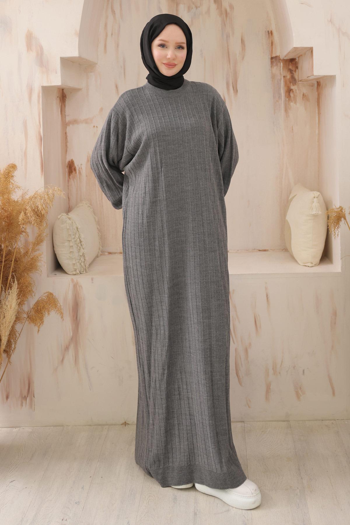 Bisiklet Yaka Balon Kol Triko Elbise Antrasit HM2518