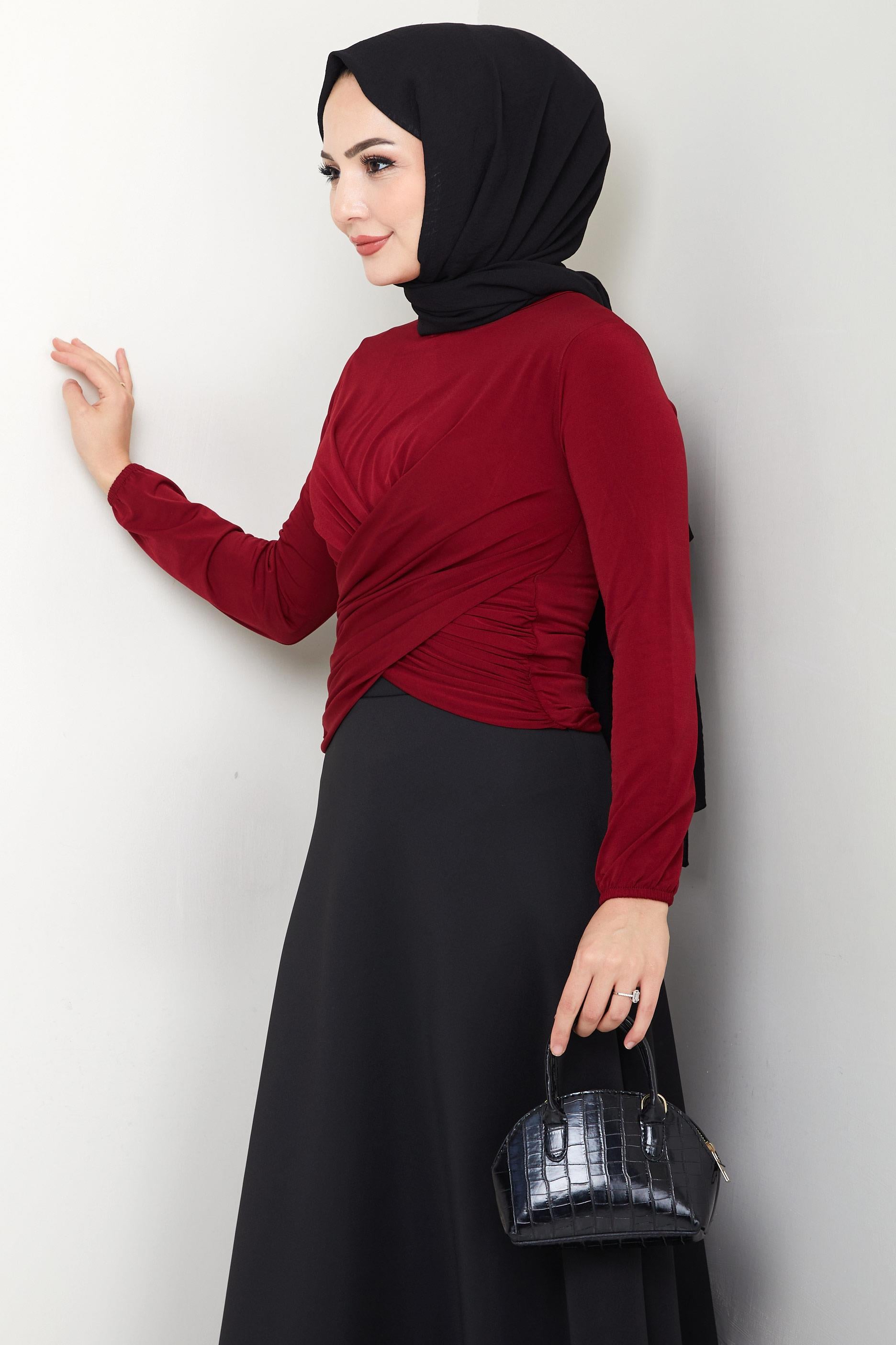 Bisiklet Yaka Büzgülü Sandy Bluz Bordo HM2765