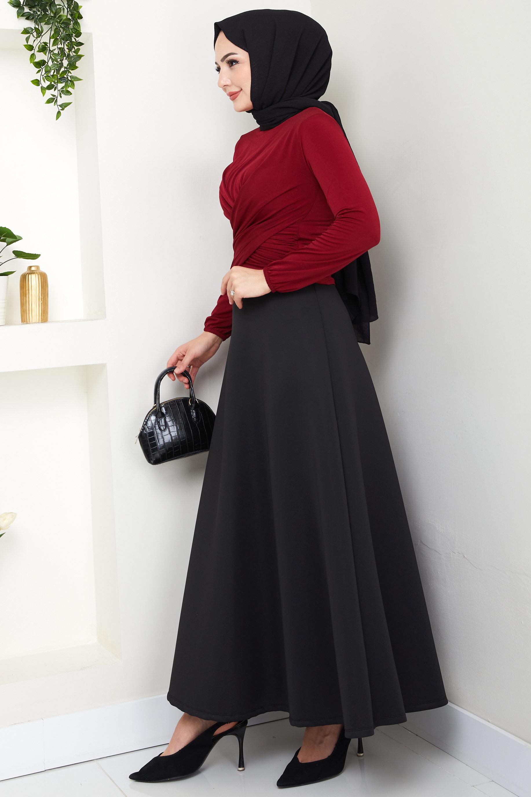 Bisiklet Yaka Büzgülü Sandy Bluz Bordo HM2765