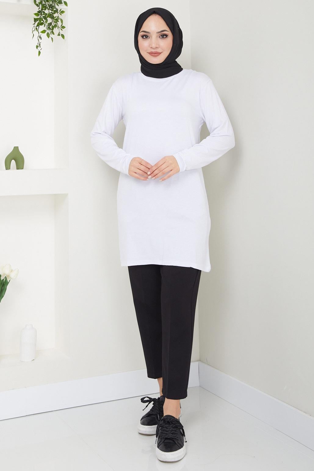 Bisiklet Yaka Tunik Beyaz HM2460