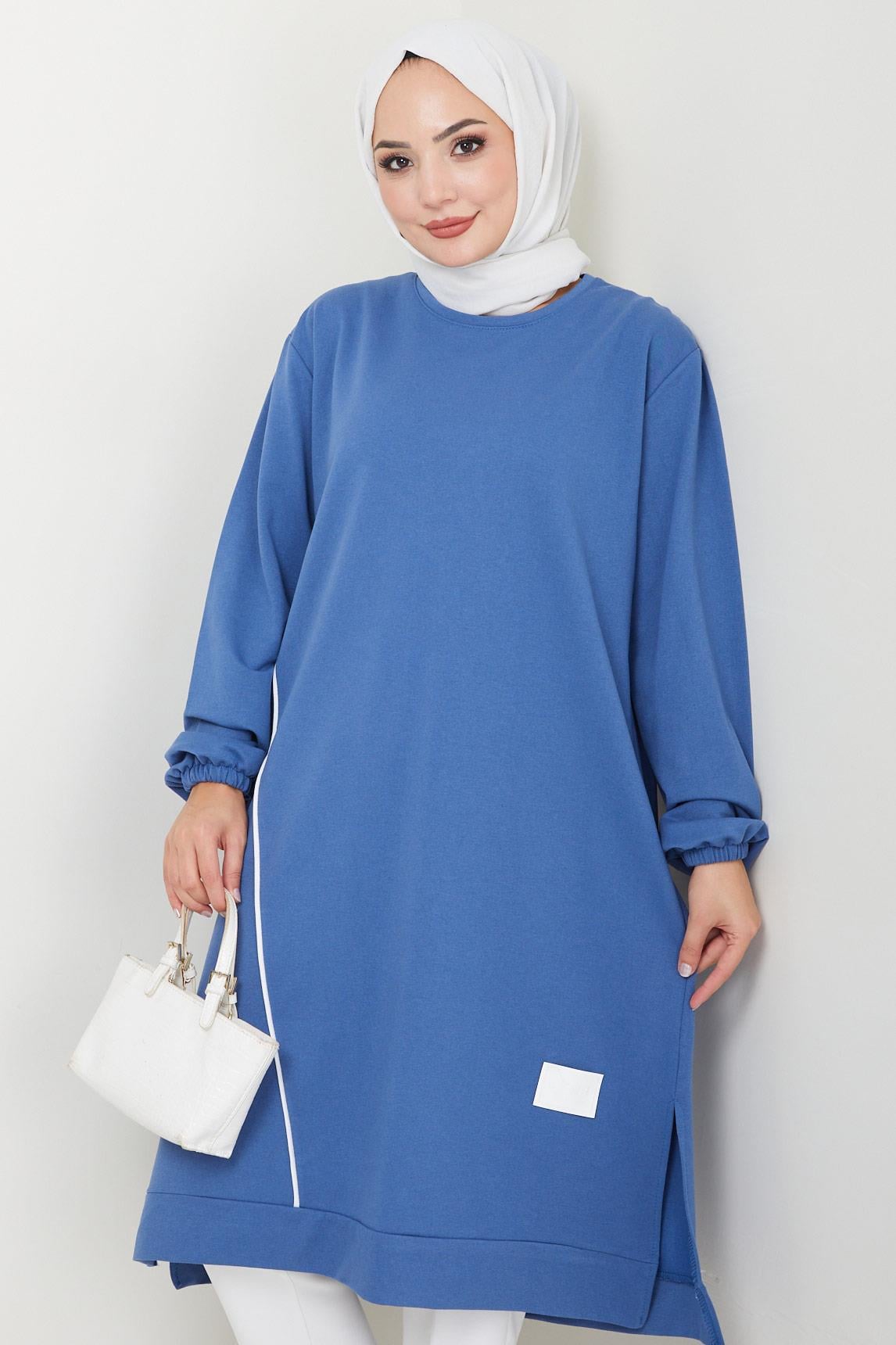 Biye Detaylı Uzun Sweatshirt Tunik İndigo HM2508