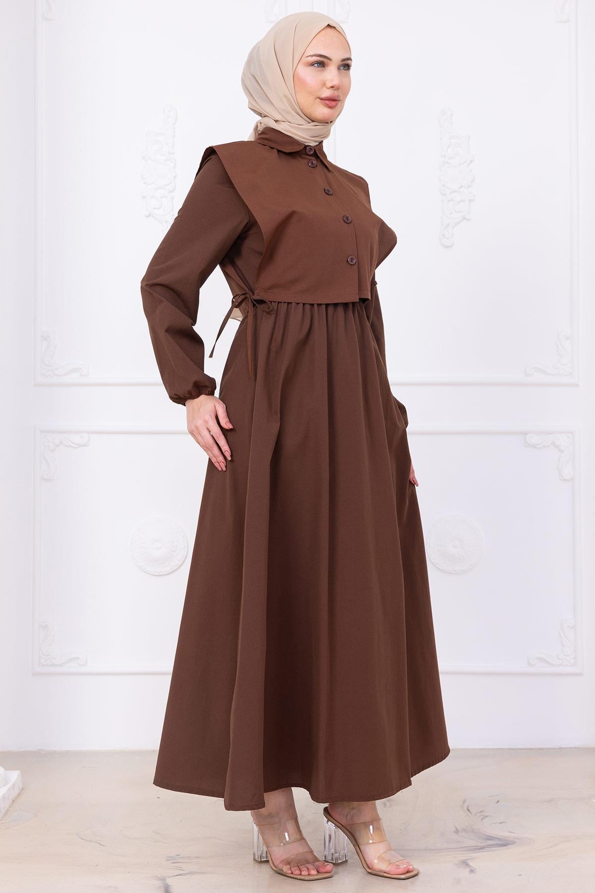 Bolerolu Beli Lastikli Elbise Kahverengi HM2756