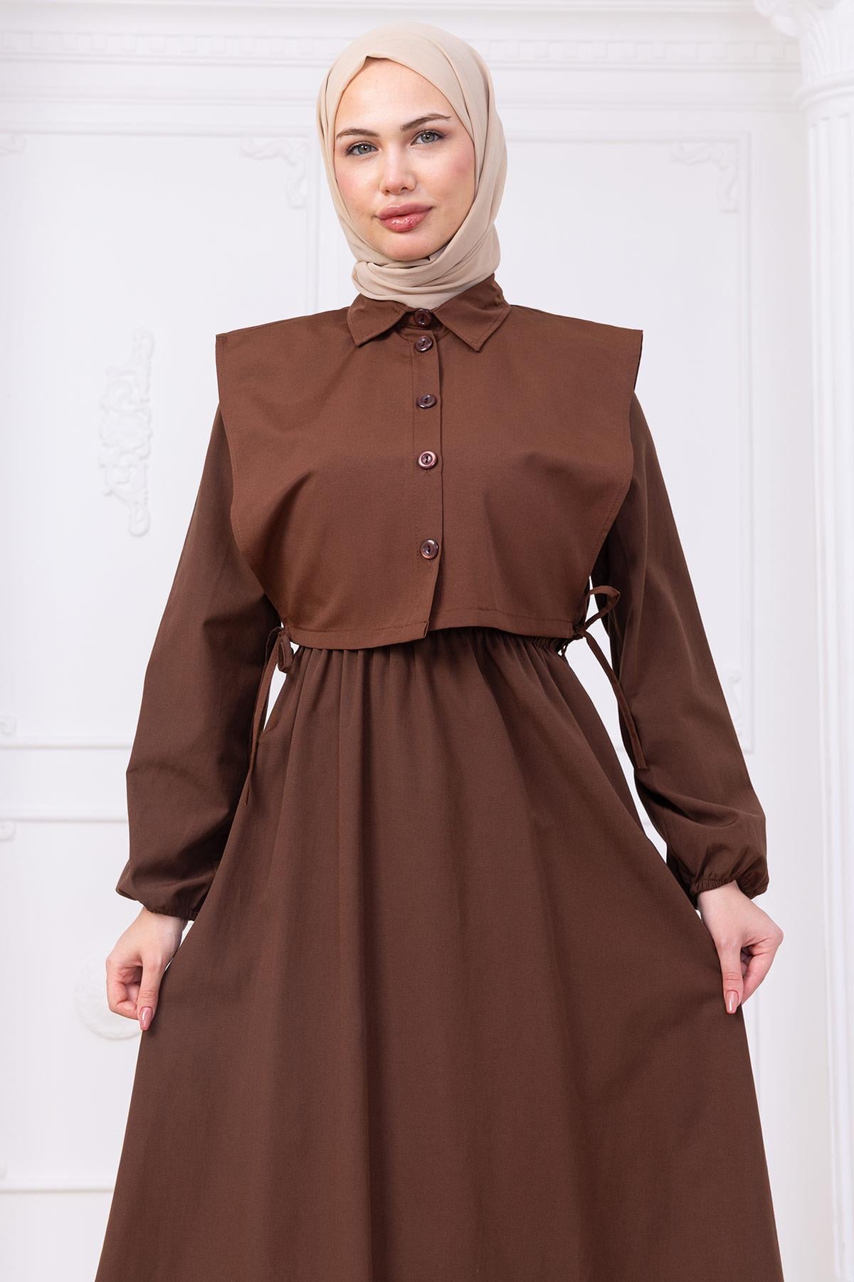 Bolerolu Beli Lastikli Elbise Kahverengi HM2756