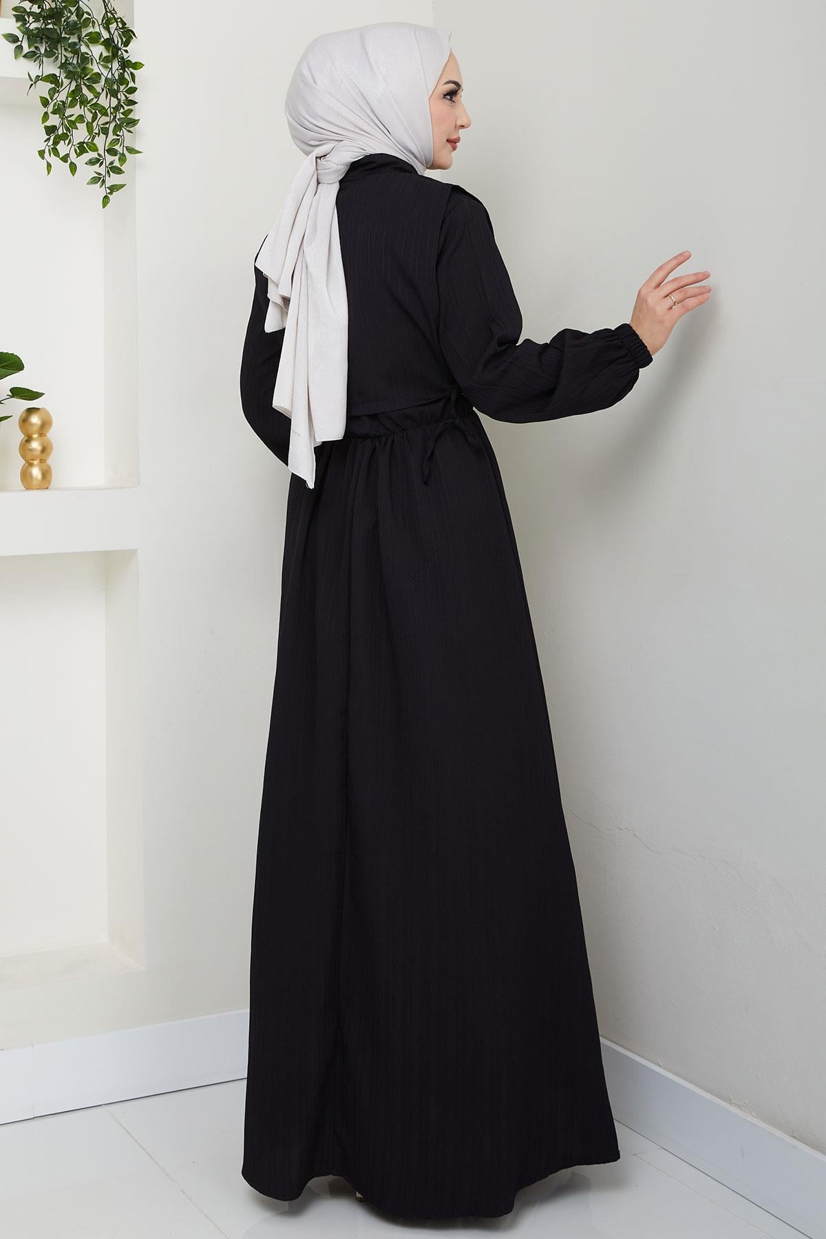Bolerolu Beli Lastikli Elbise Siyah HM2702