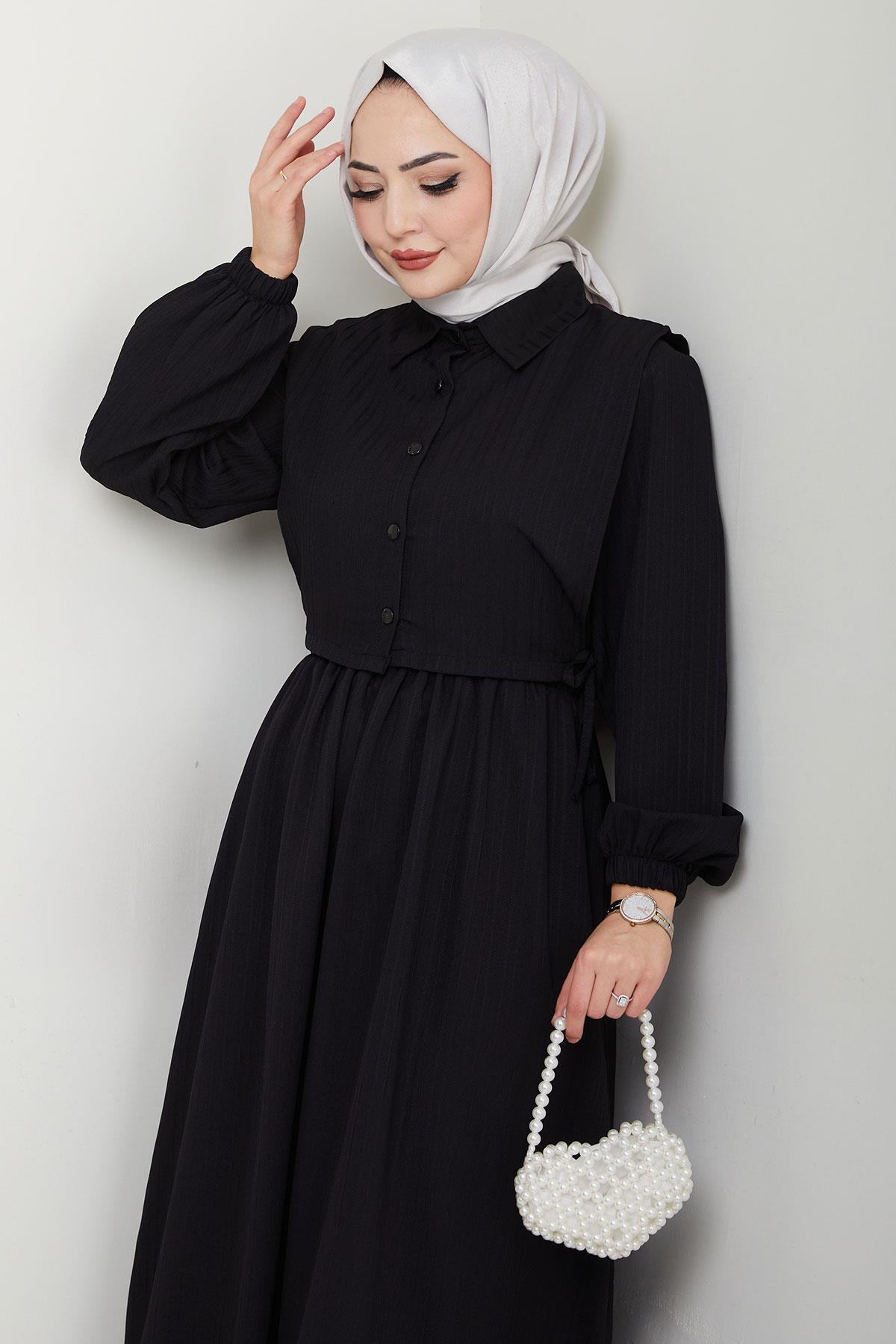 Bolerolu Beli Lastikli Elbise Siyah HM2702