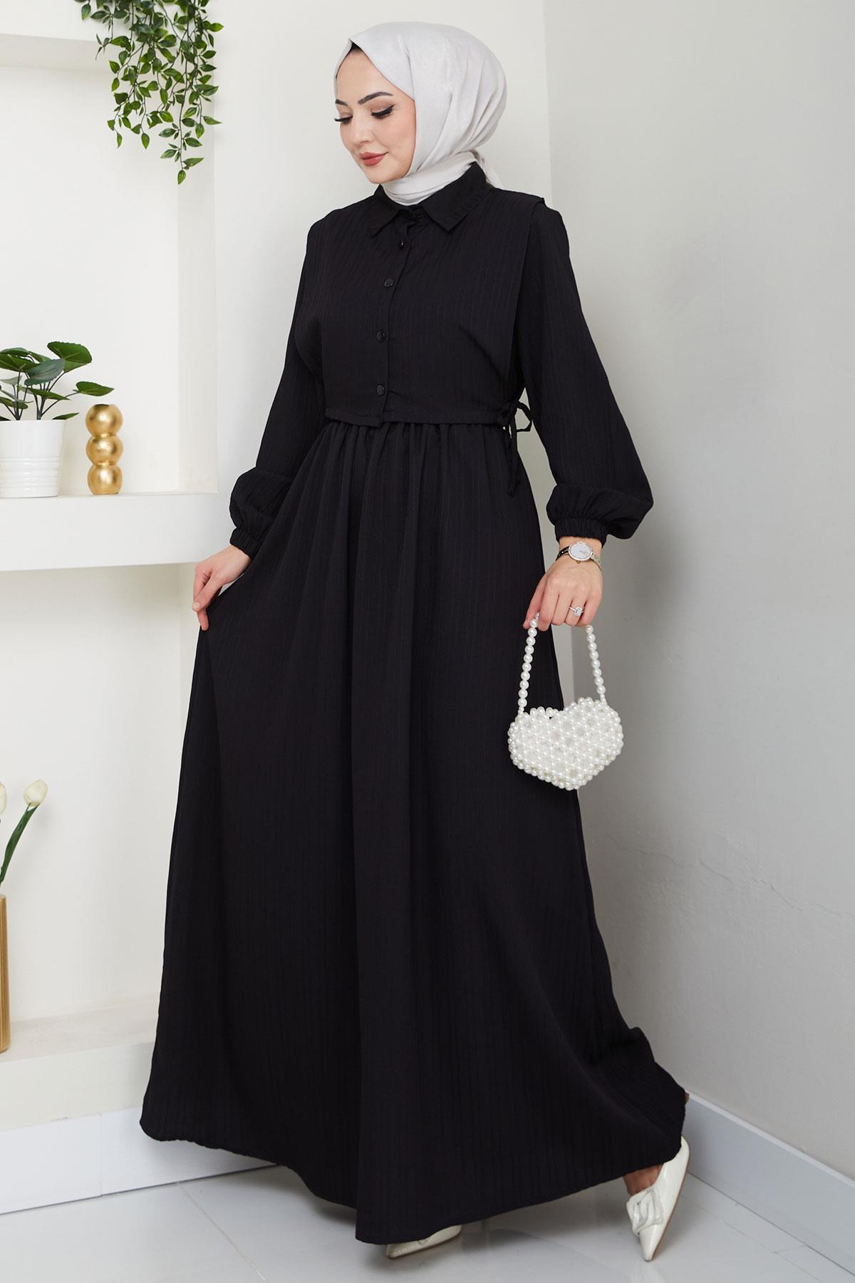 Bolerolu Beli Lastikli Elbise Siyah HM2702