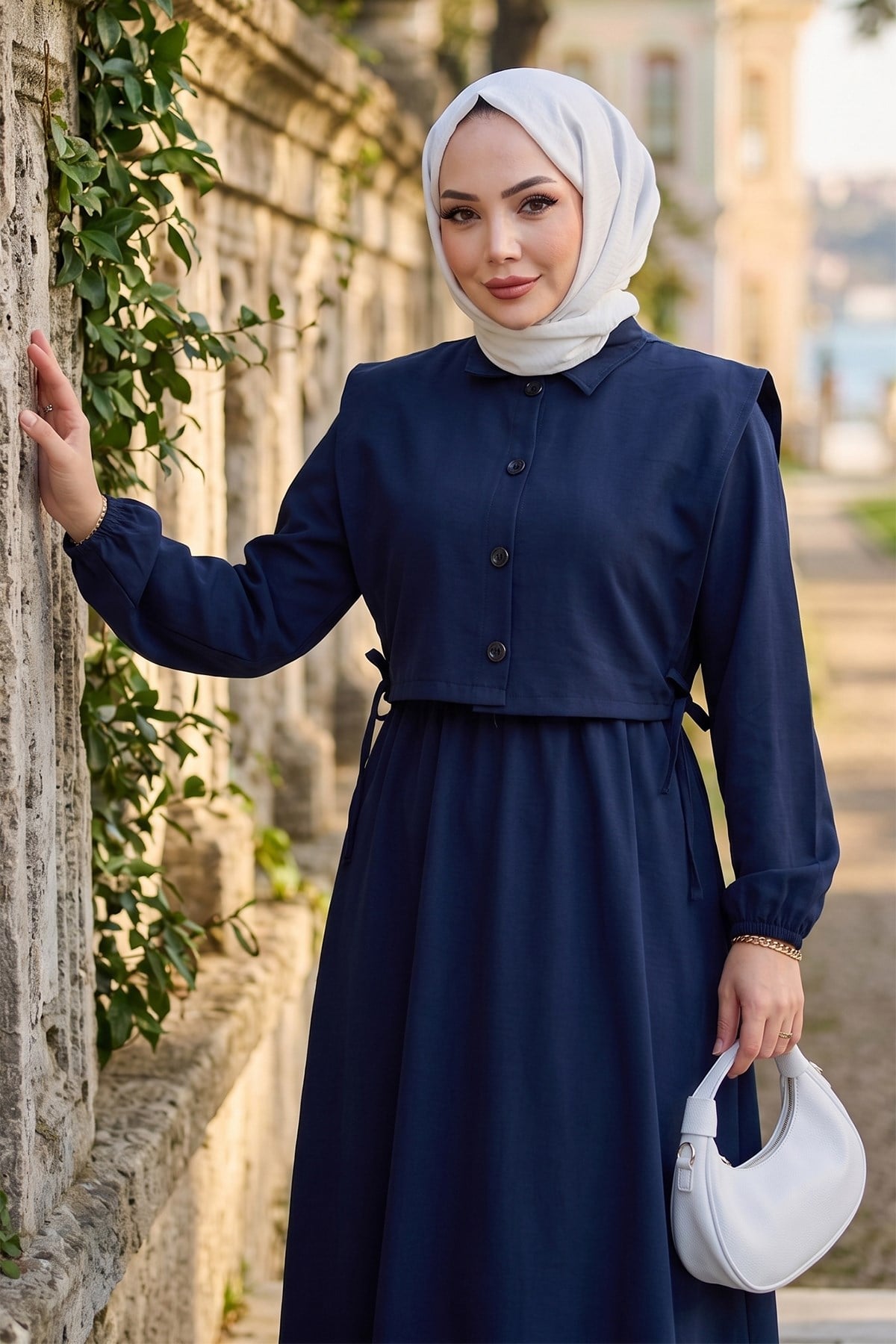 Bolerolu Beli Lastikli Tesettür Elbise Lacivert HM262756