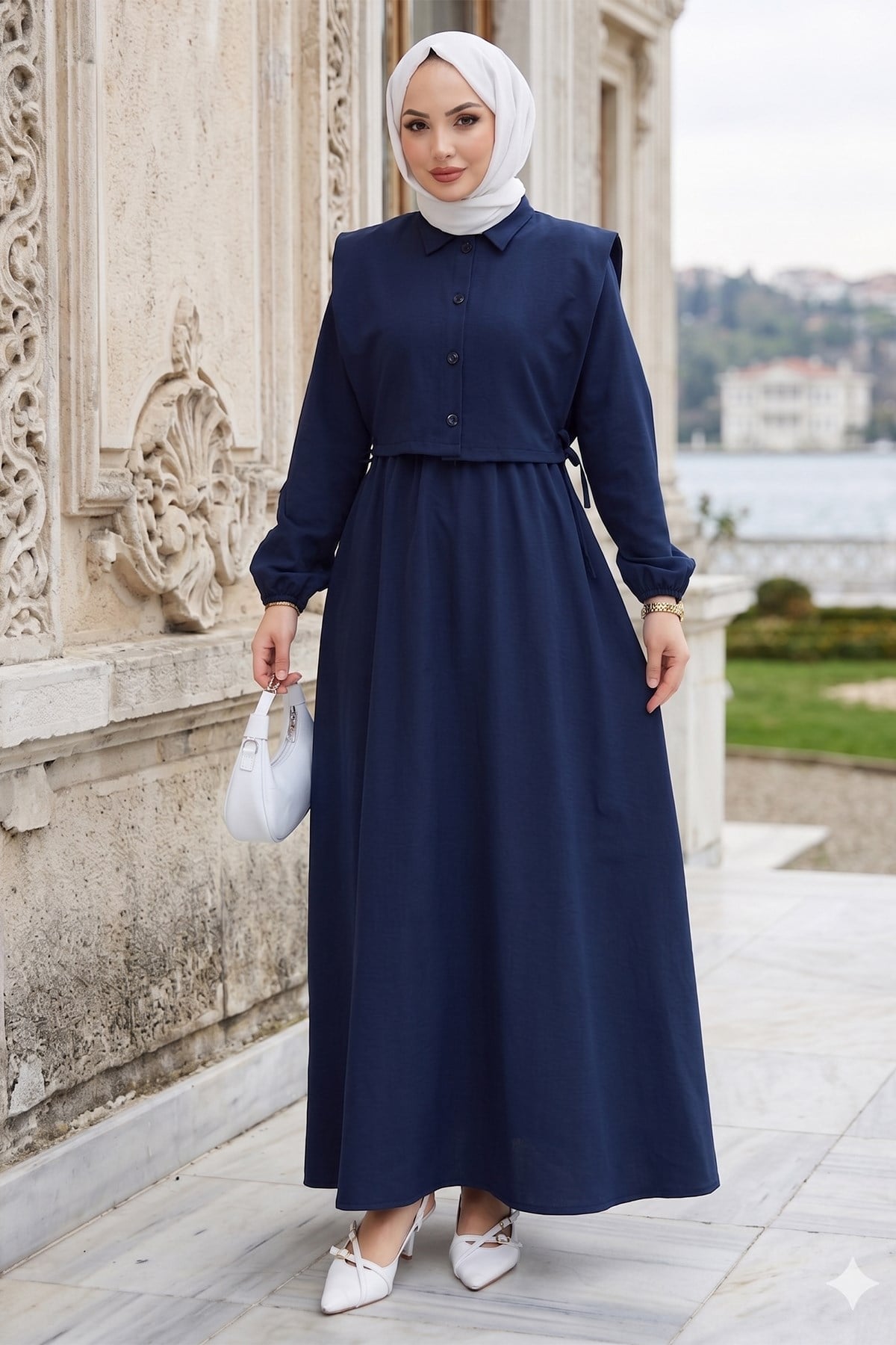 Bolerolu Beli Lastikli Tesettür Elbise Lacivert HM262756