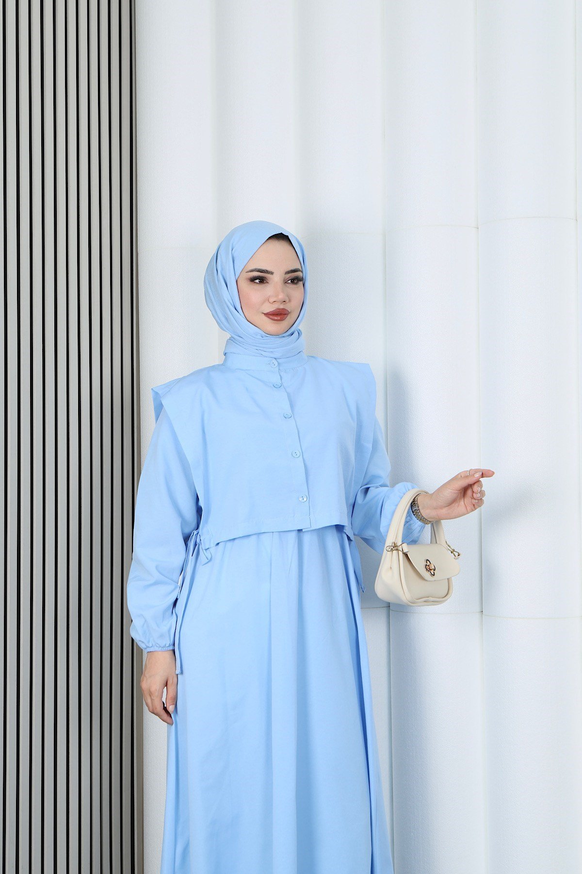 Bolerolu Beli Lastikli Tesettür Elbise Bebe Mavisi    HNT011
