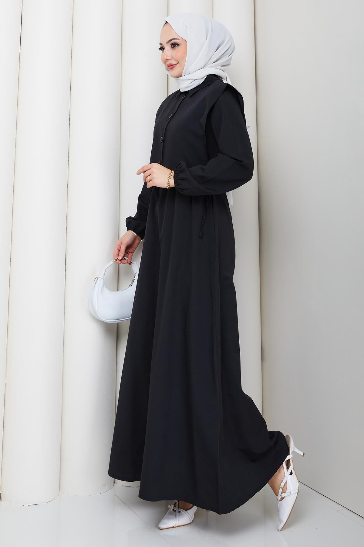 Bolerolu Beli Lastikli Tesettür Elbise Siyah HM262756