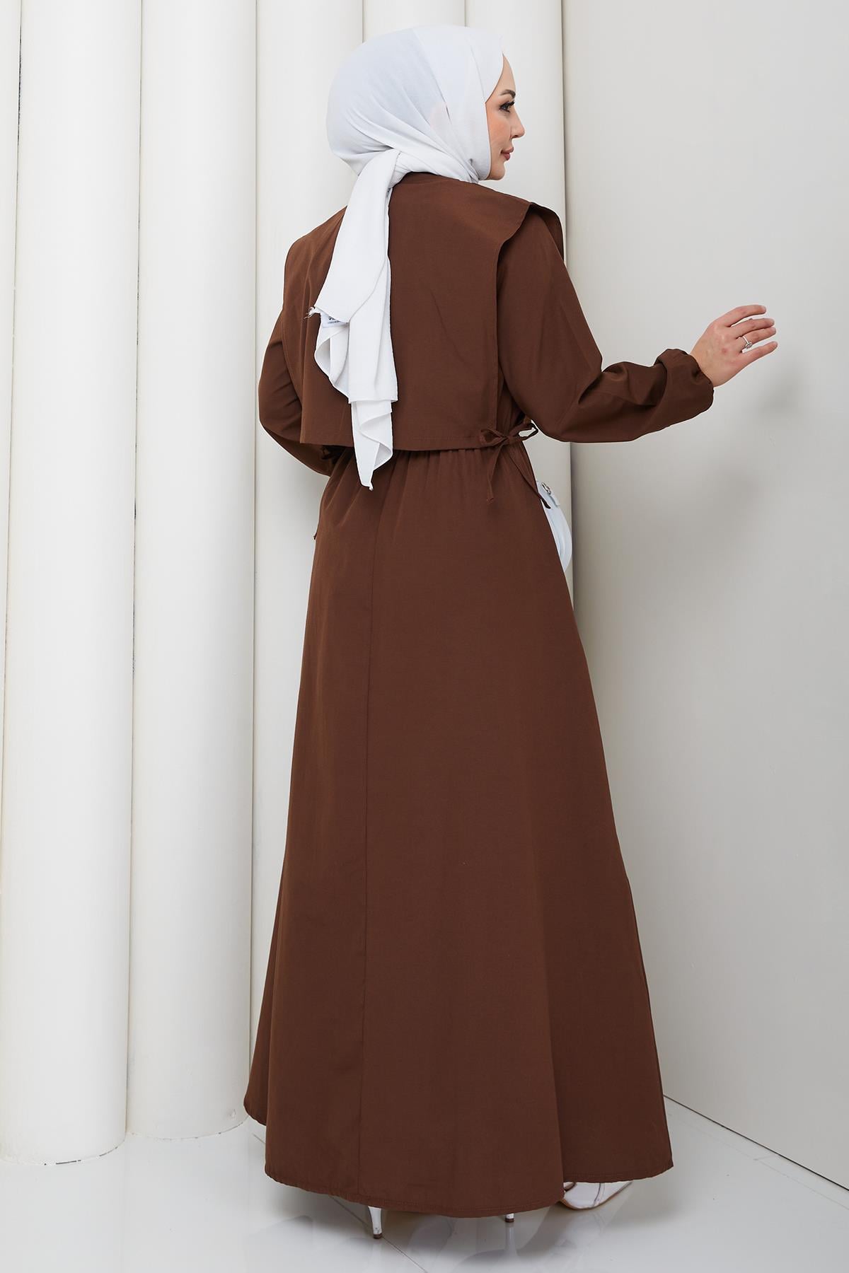 Bolerolu Beli Lastikli Tesettür Elbise Kahverengi HM262756