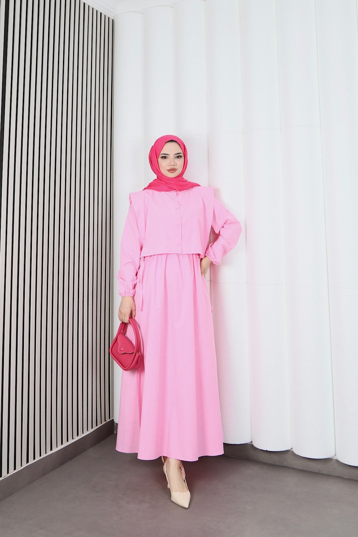 Bolerolu Beli Lastikli Tesettür Elbise Pembe   HNT011