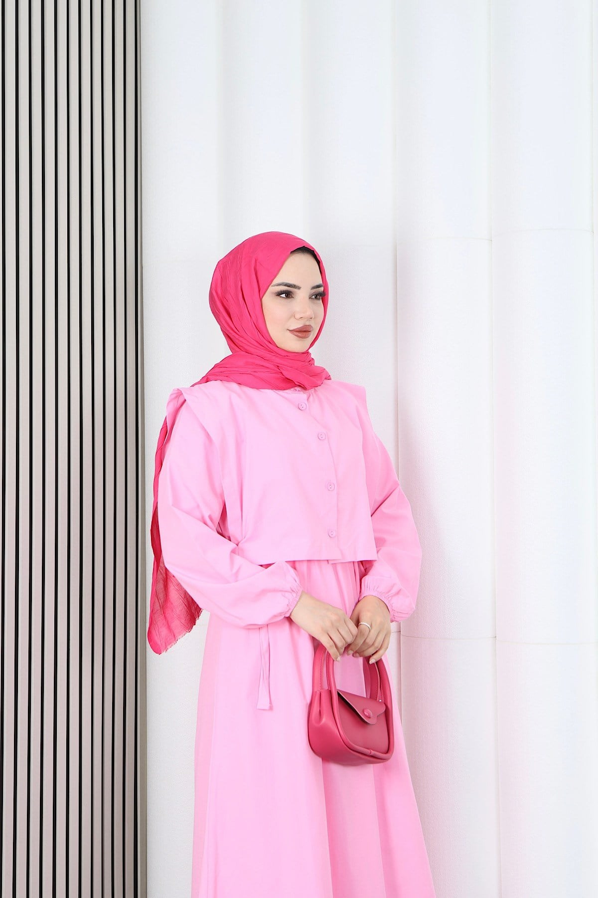 Bolerolu Beli Lastikli Tesettür Elbise Pembe   HNT011