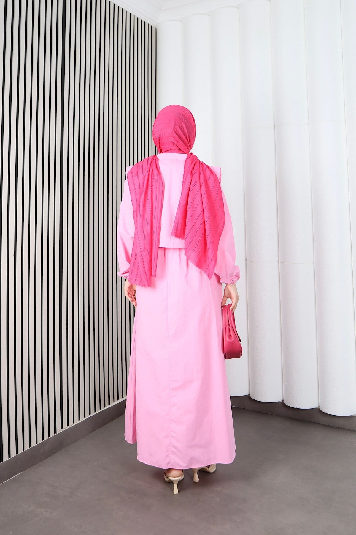 Bolerolu Beli Lastikli Tesettür Elbise Pembe   HNT011