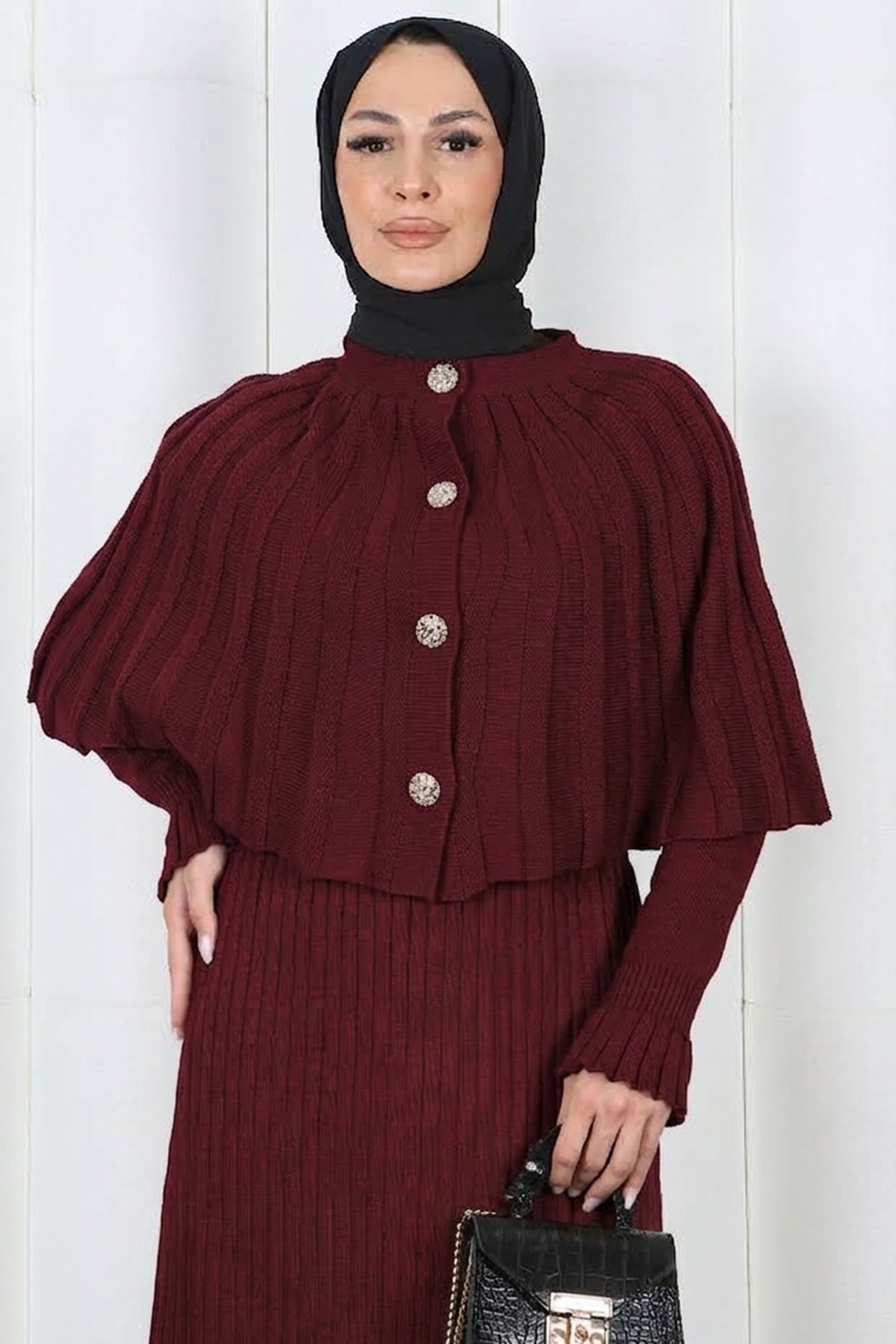 Bolerolu Düğmeli Triko Elbise Bordo  HNT2814