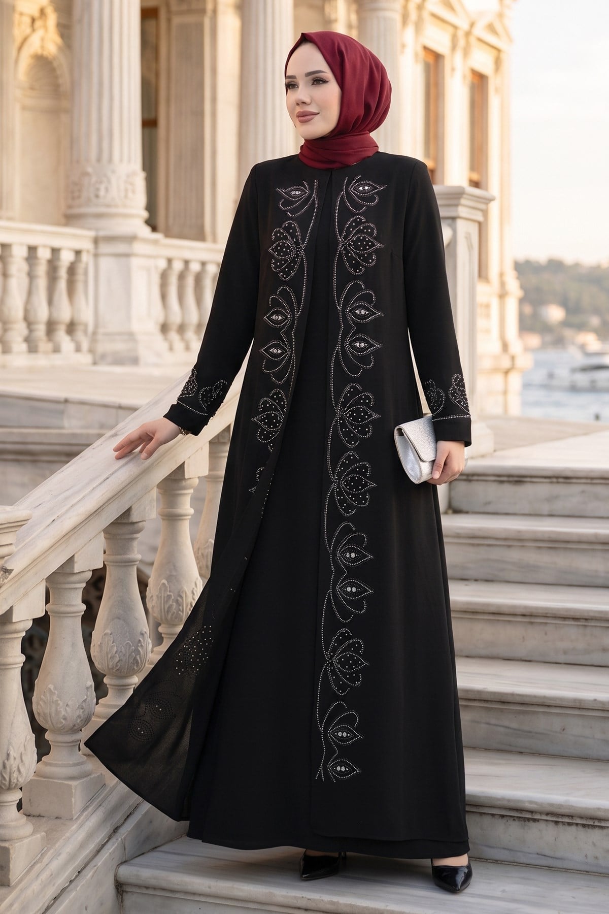 Boncuk Taşlı Büyük Beden Anne Elbisesi Siyah HM2952
