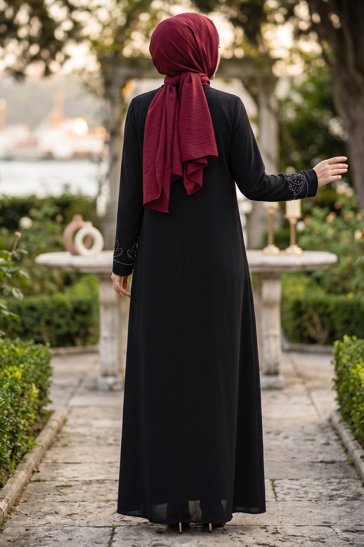 Boncuk Taşlı Büyük Beden Anne Elbisesi Siyah HM2952