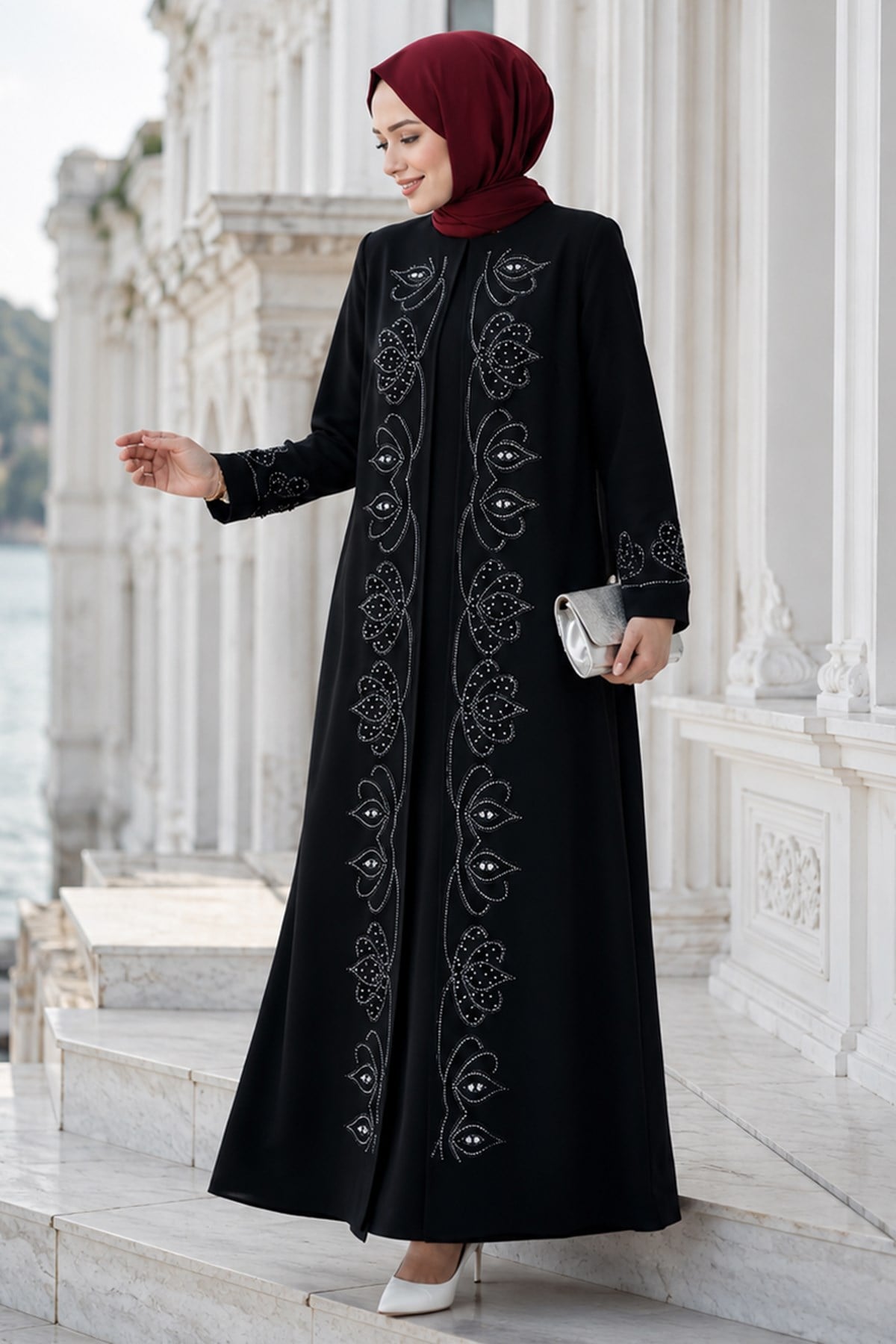 Boncuk Taşlı Büyük Beden Anne Elbisesi Siyah HM2952
