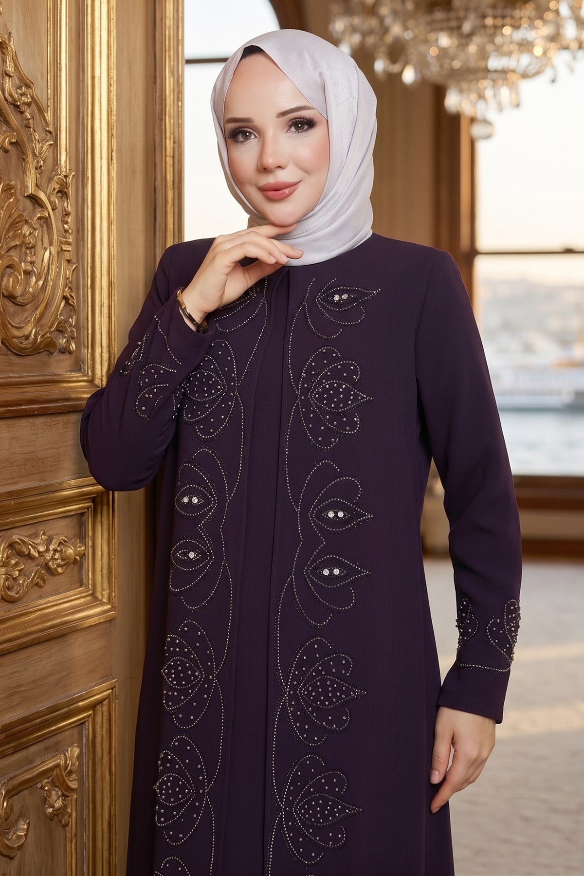 Boncuk Taşlı Büyük Beden Anne Elbisesi Mürdüm HM2952