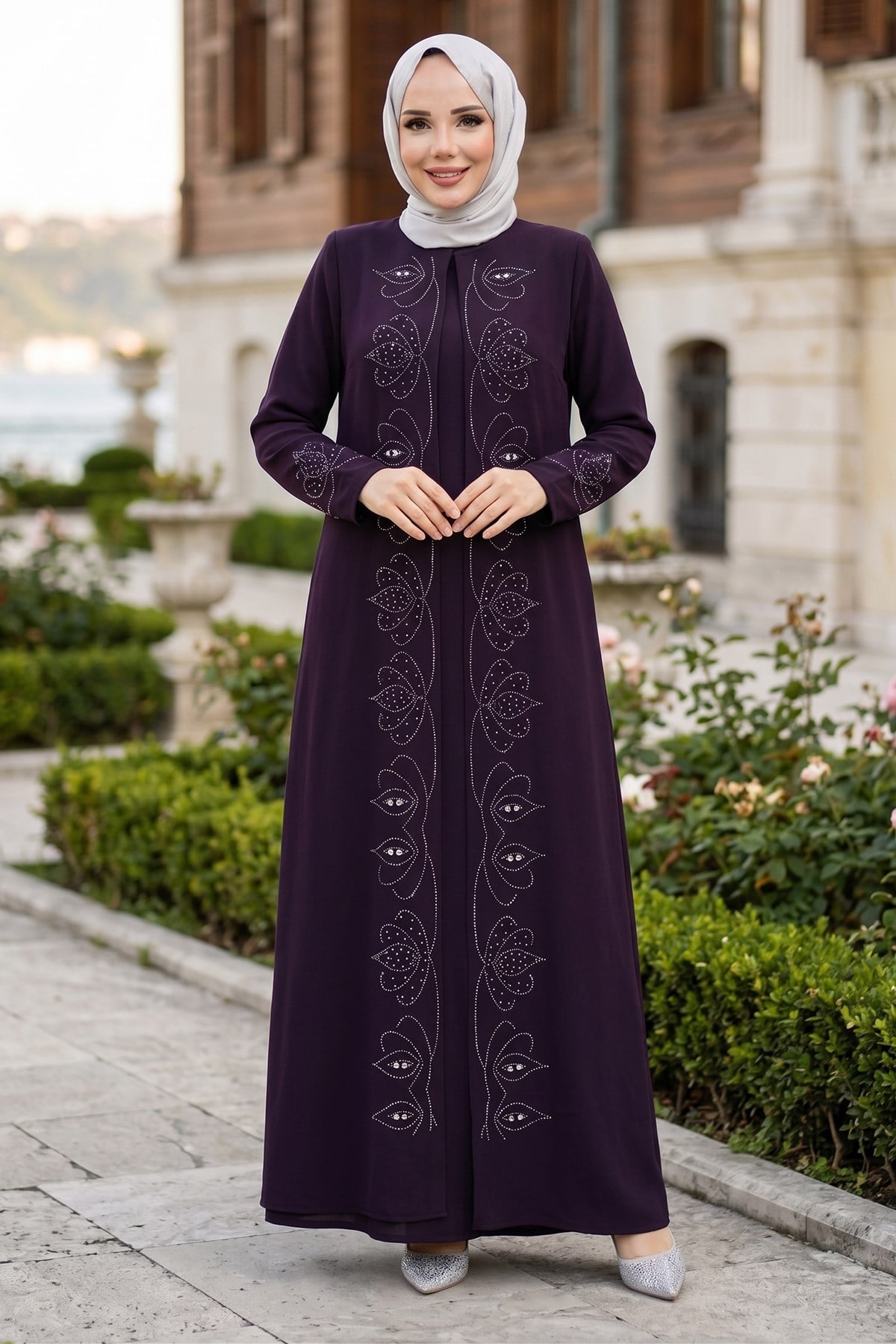 Boncuk Taşlı Büyük Beden Anne Elbisesi Mürdüm HM2952