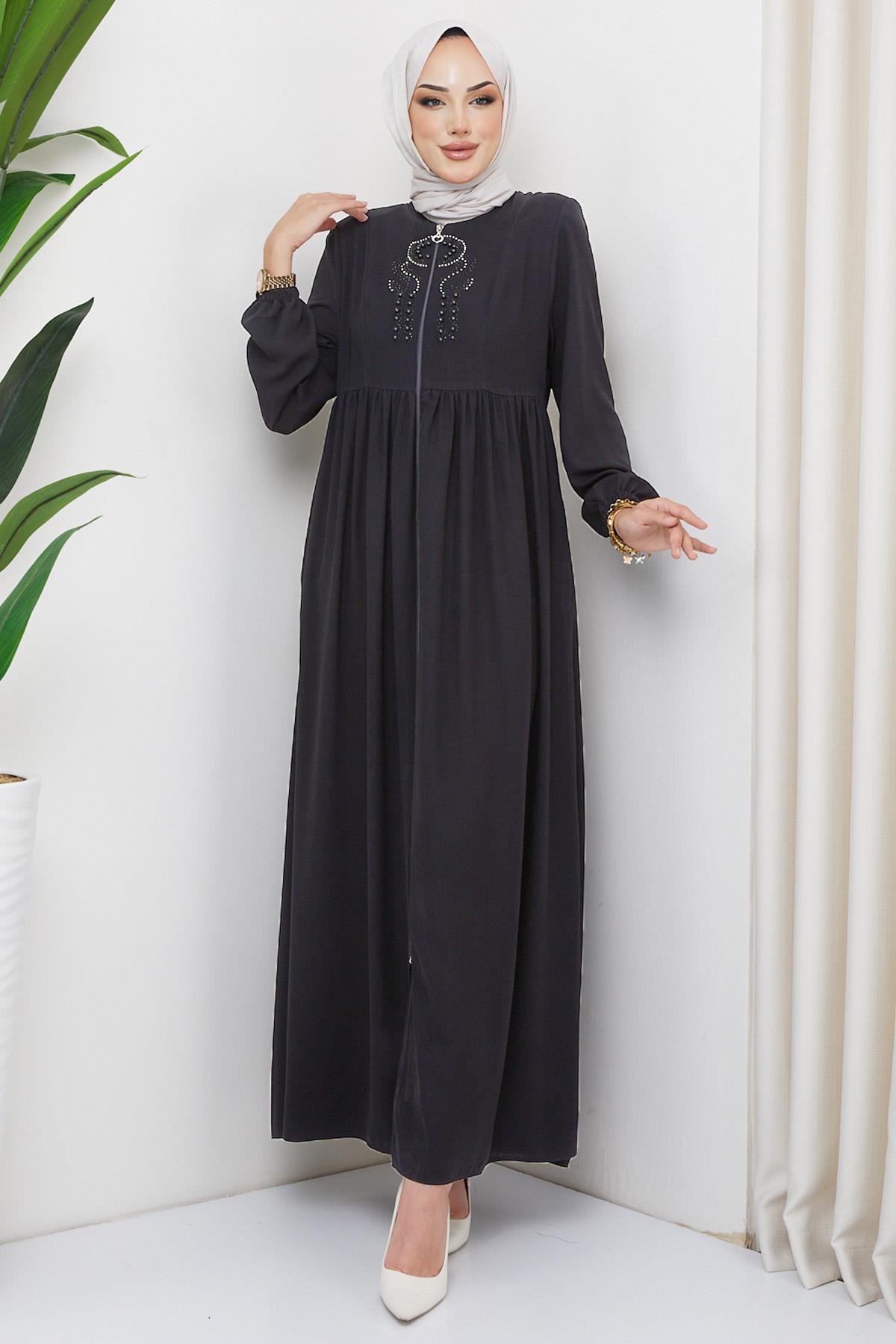 Boncuklu Büzgülü Ferace Antrasit HM2306