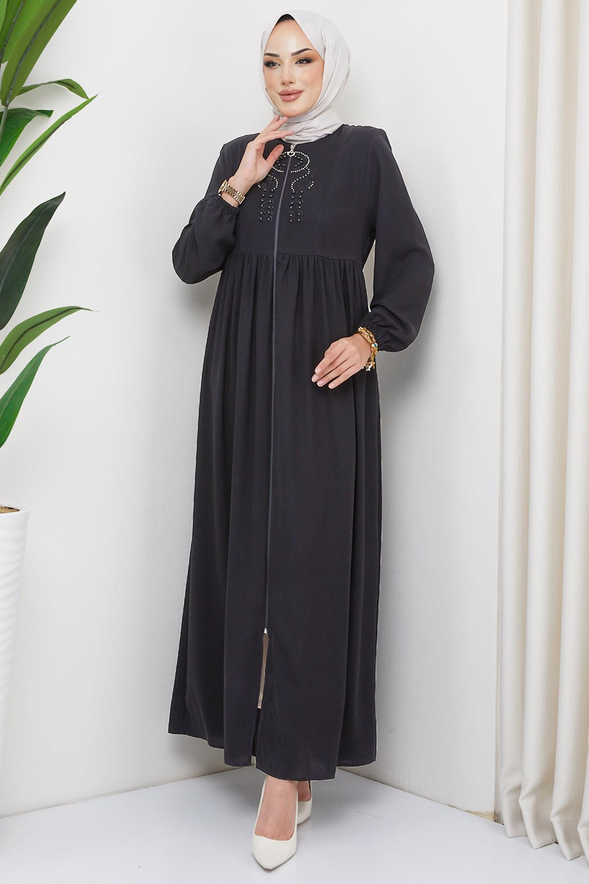 Boncuklu Büzgülü Ferace Antrasit HM2306