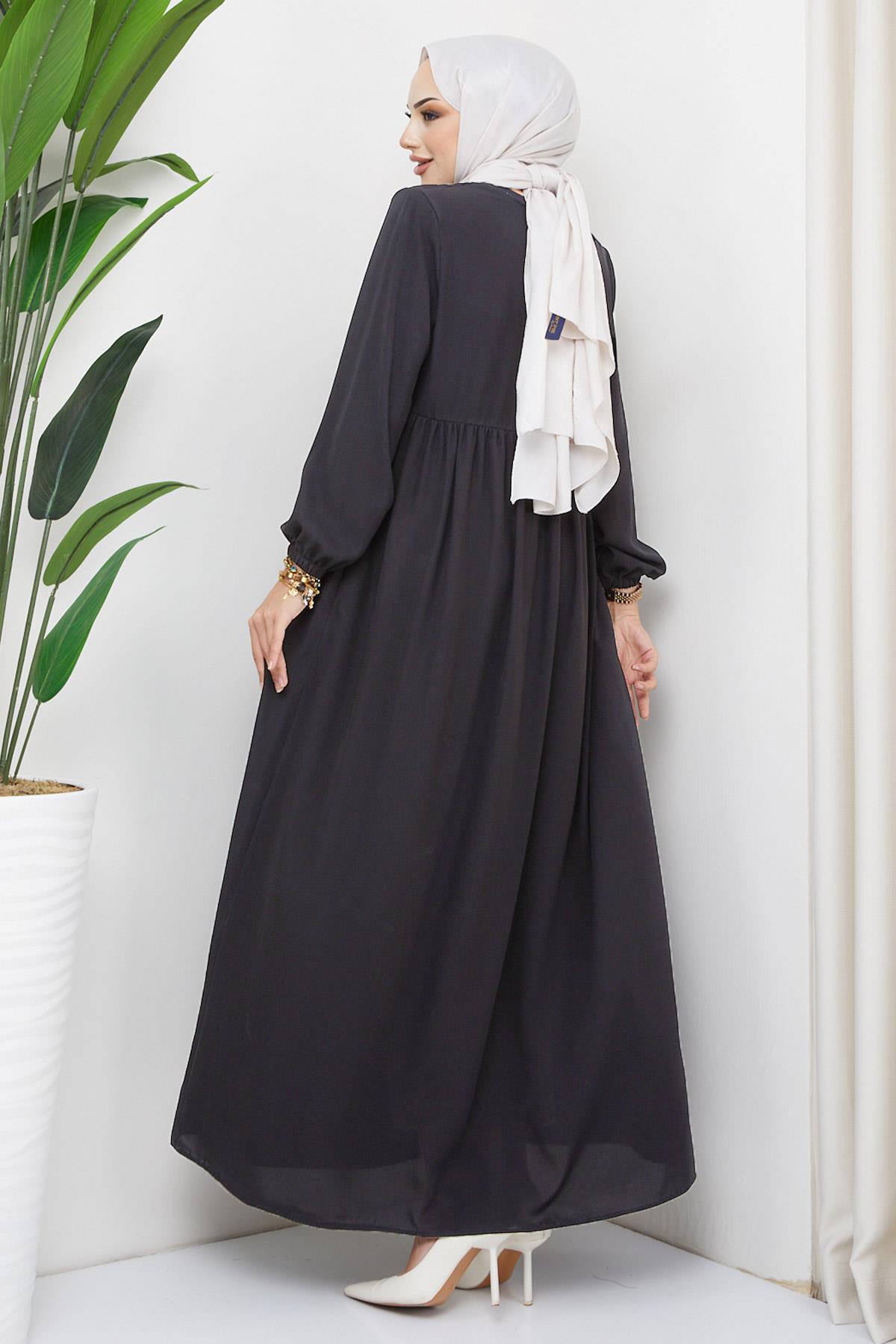 Boncuklu Büzgülü Ferace Antrasit HM2306