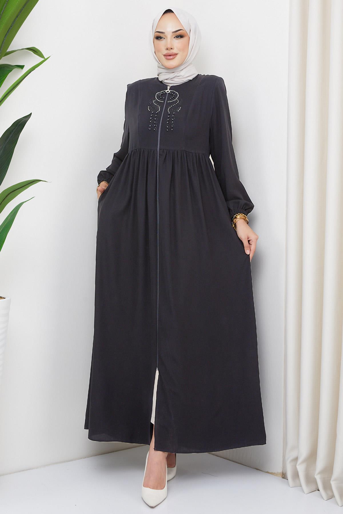 Boncuklu Büzgülü Ferace Antrasit HM2306