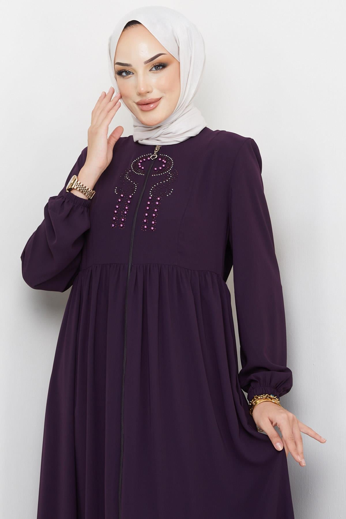 Boncuklu Büzgülü Ferace Mürdüm HM2306