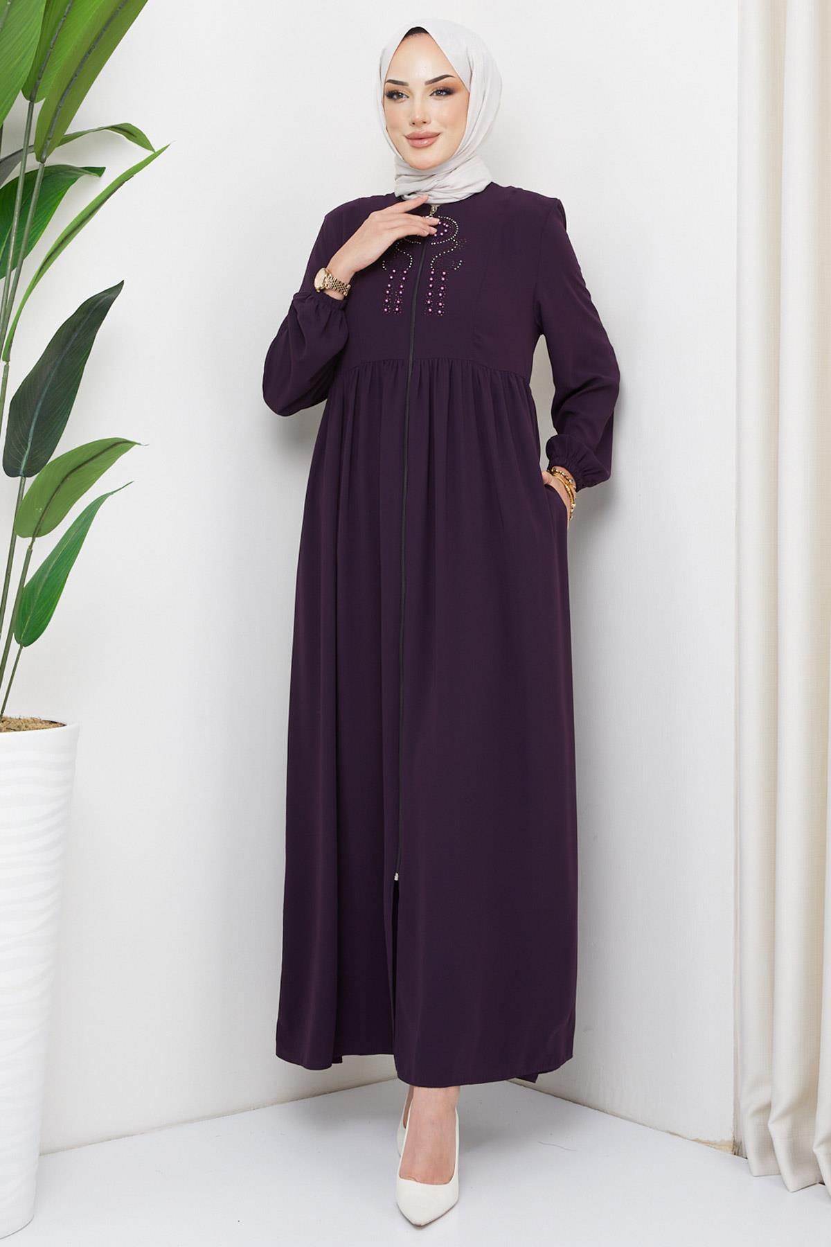 Boncuklu Büzgülü Ferace Mürdüm HM2306