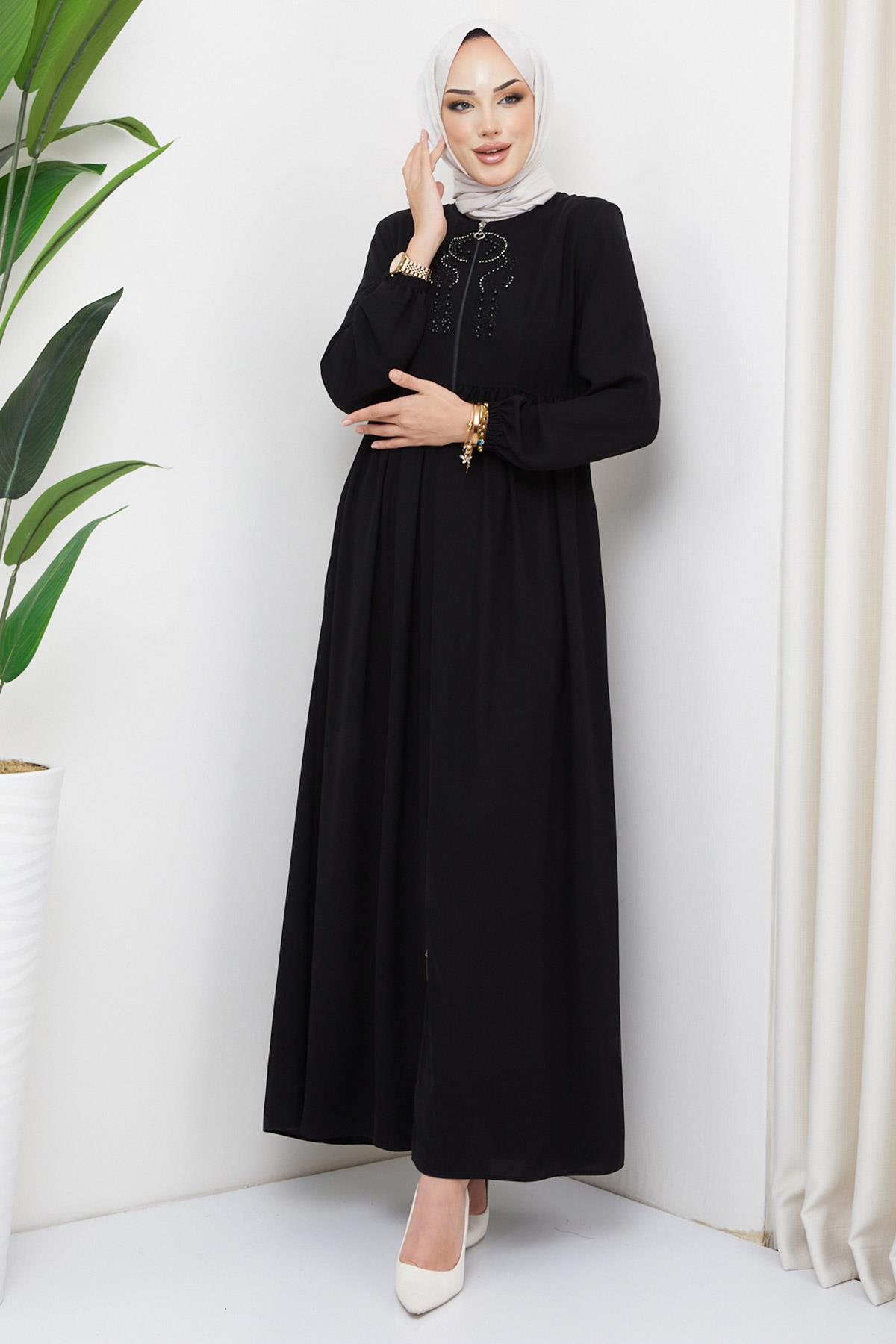 Boncuklu Büzgülü Ferace Siyah HM2306