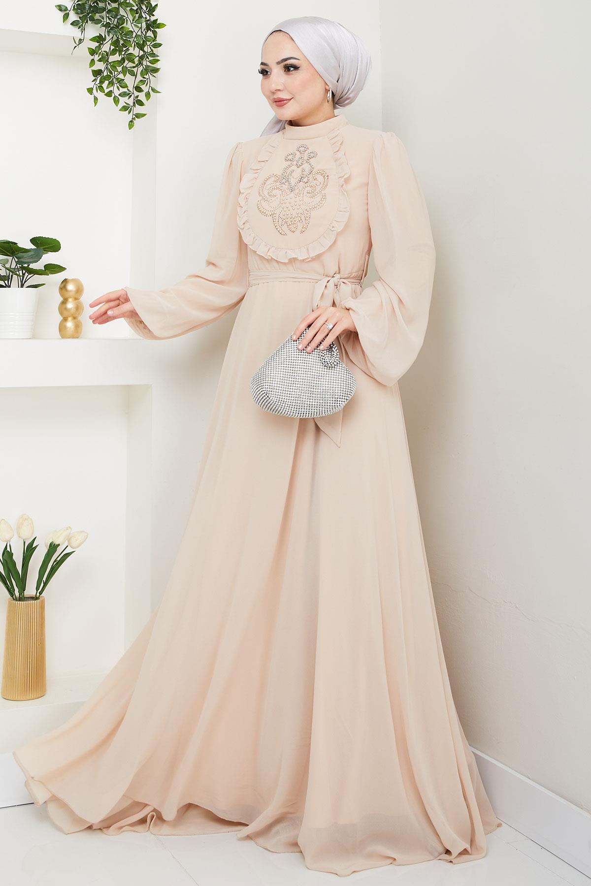 Boncuklu Şifon Abiye Elbise Bej HM2667