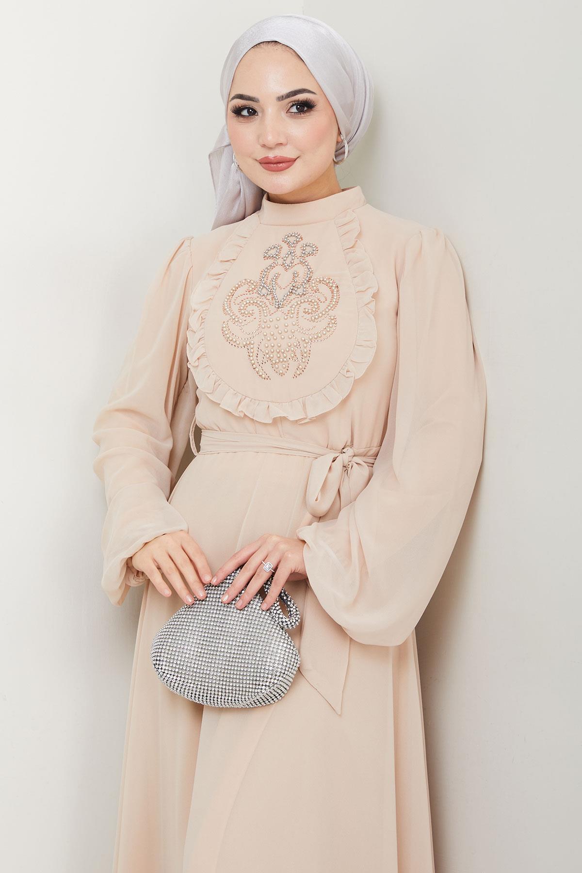 Boncuklu Şifon Abiye Elbise Bej HM2667