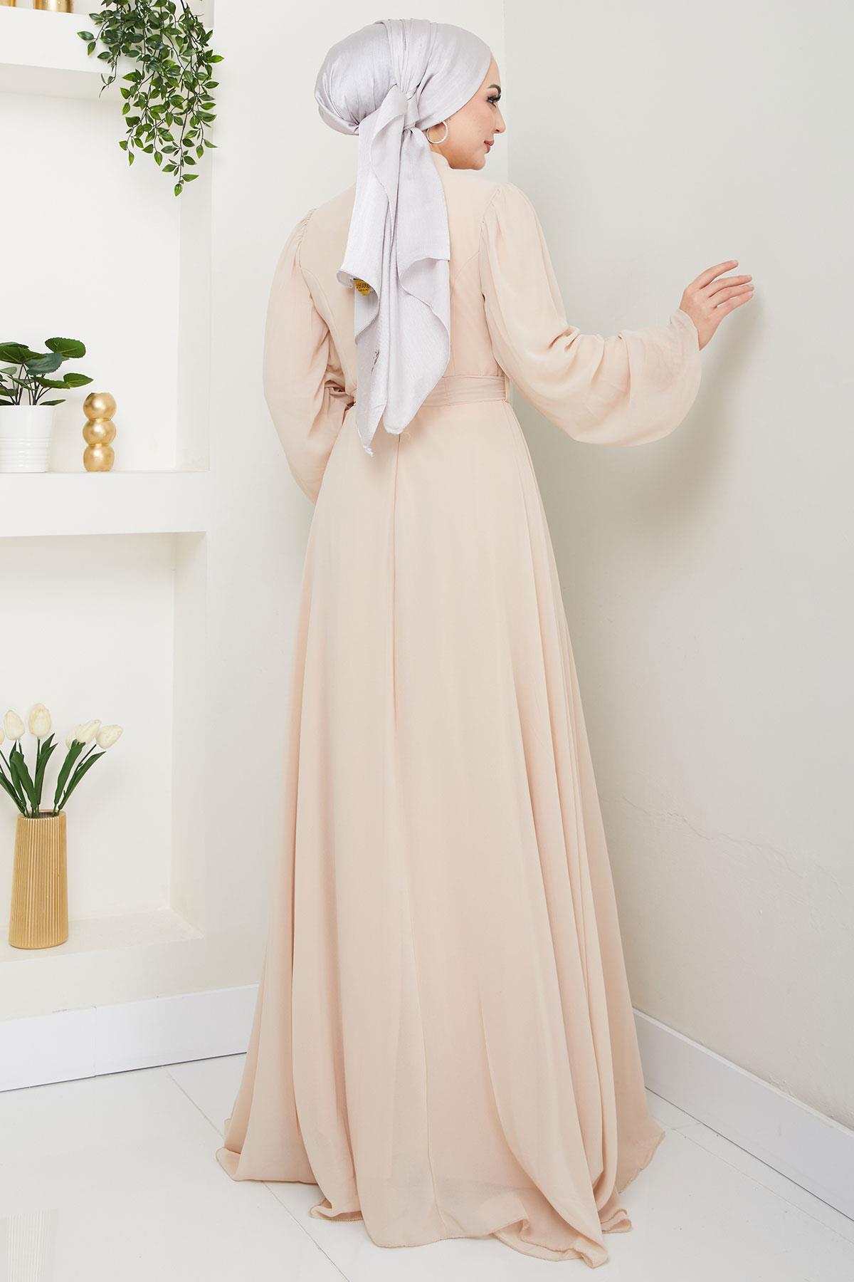Boncuklu Şifon Abiye Elbise Bej HM2667