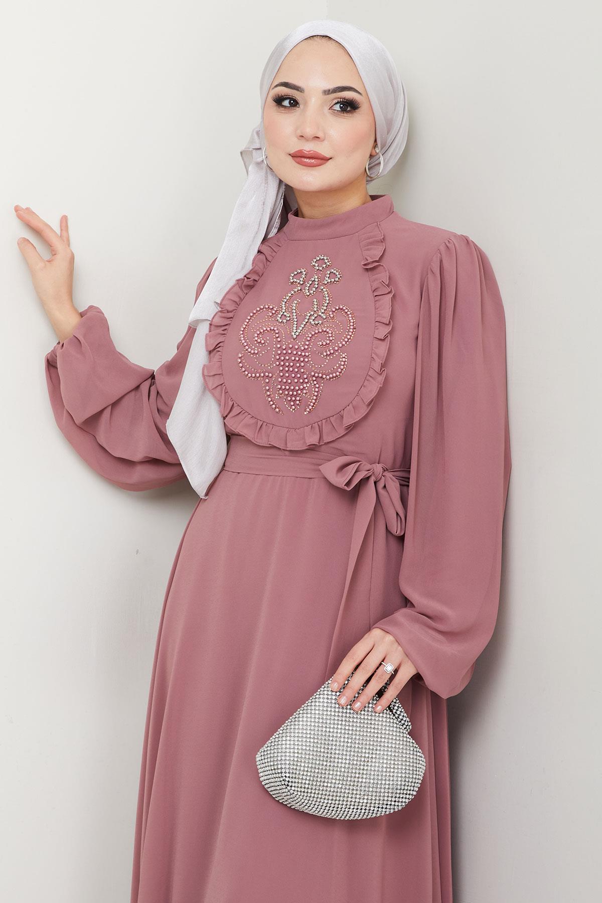 Boncuklu Şifon Abiye Elbise Gül Kurusu HM2667