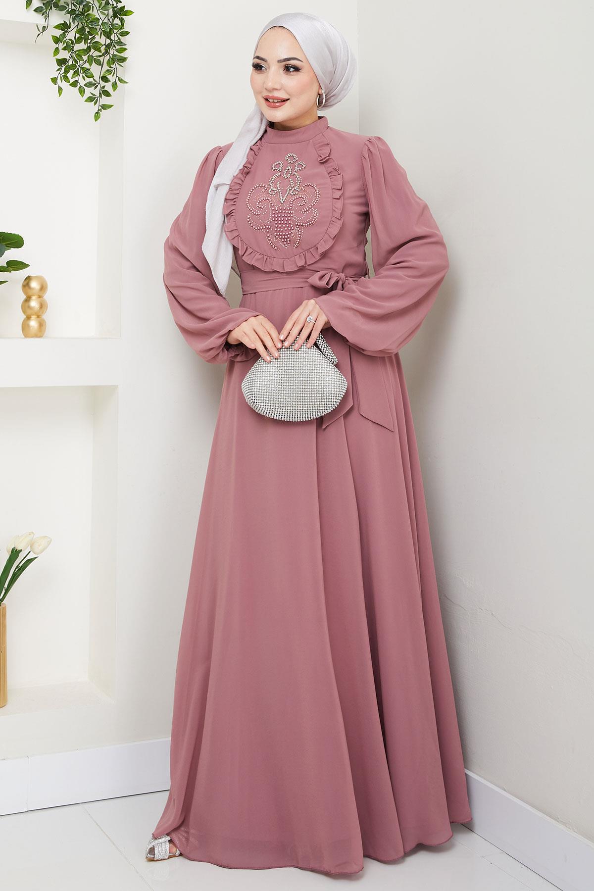 Boncuklu Şifon Abiye Elbise Gül Kurusu HM2667