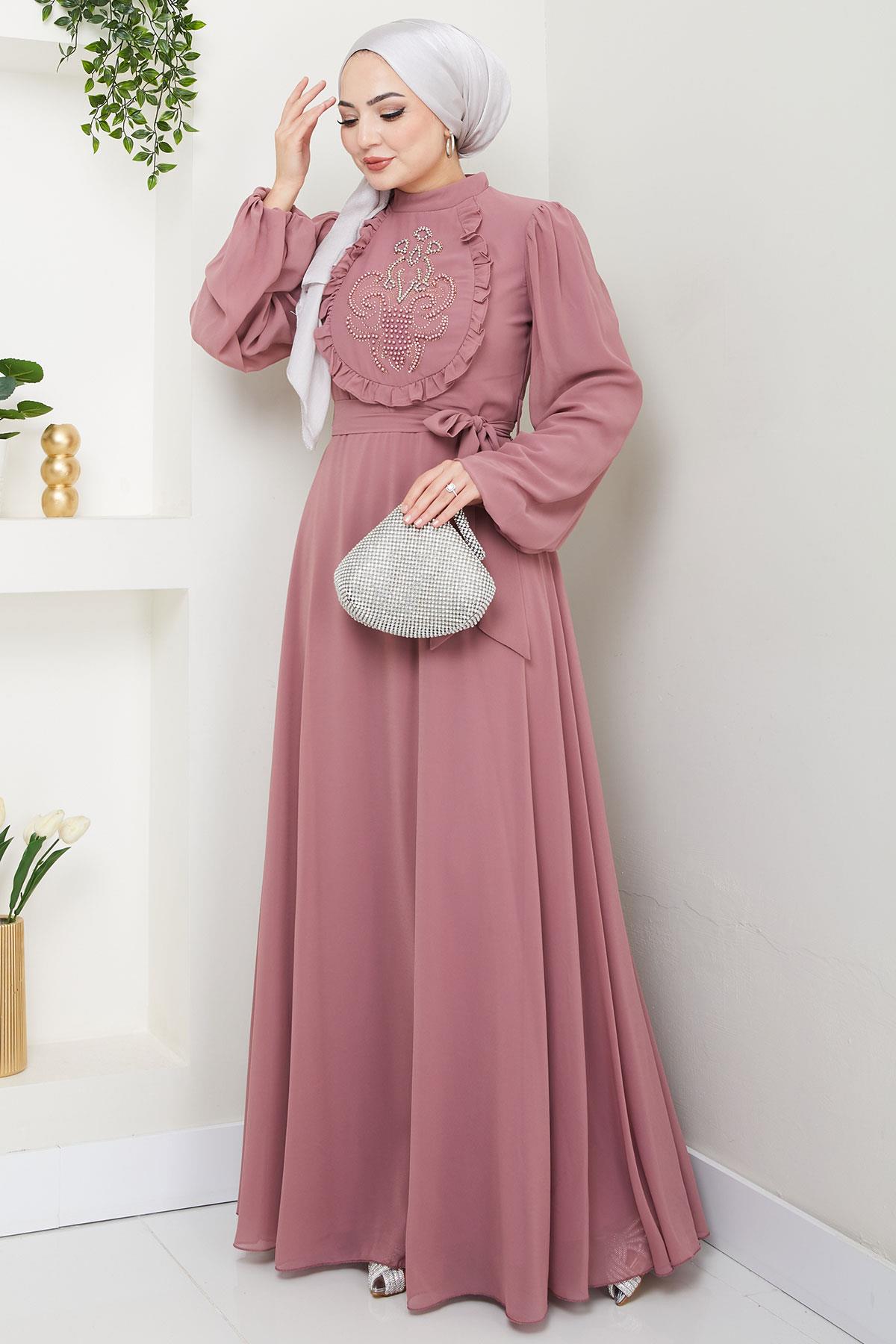 Boncuklu Şifon Abiye Elbise Gül Kurusu HM2667