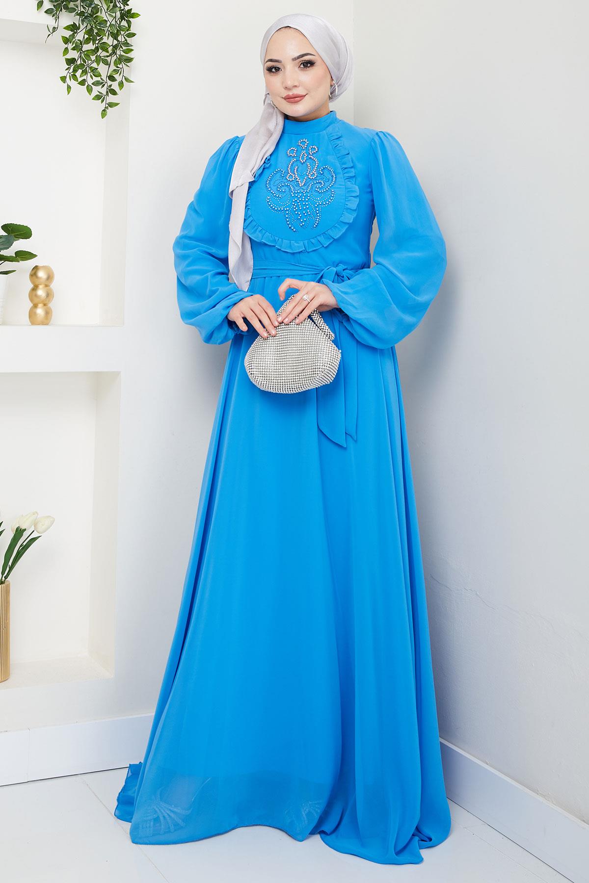 Boncuklu Şifon Abiye Elbise Mavi HM2667
