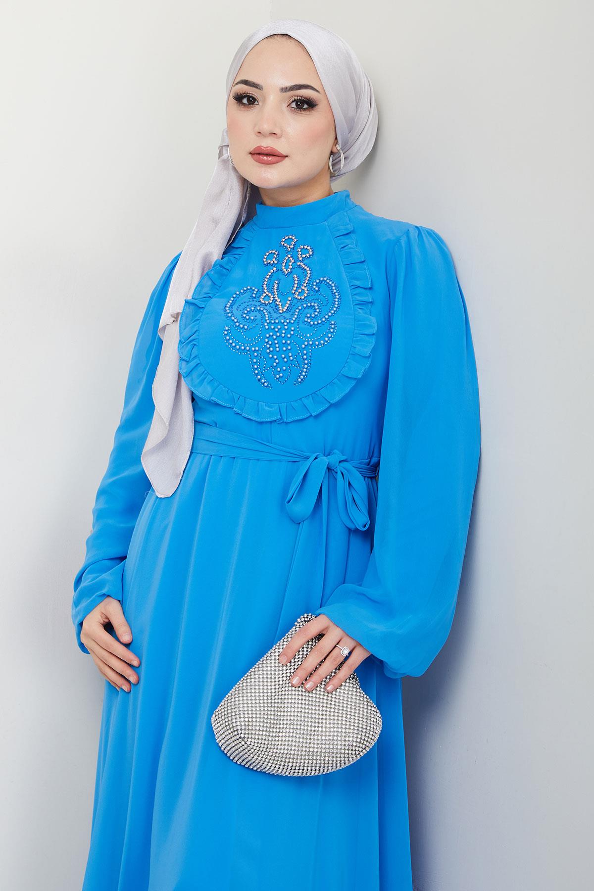 Boncuklu Şifon Abiye Elbise Mavi HM2667