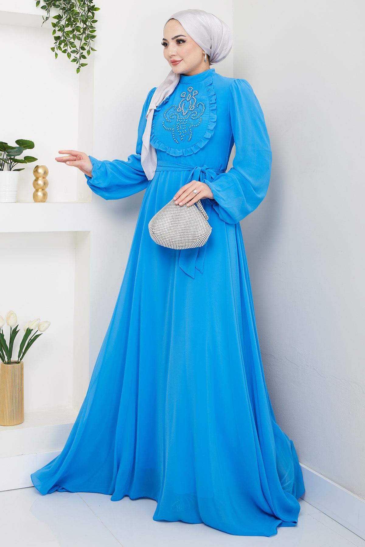Boncuklu Şifon Abiye Elbise Mavi HM2667