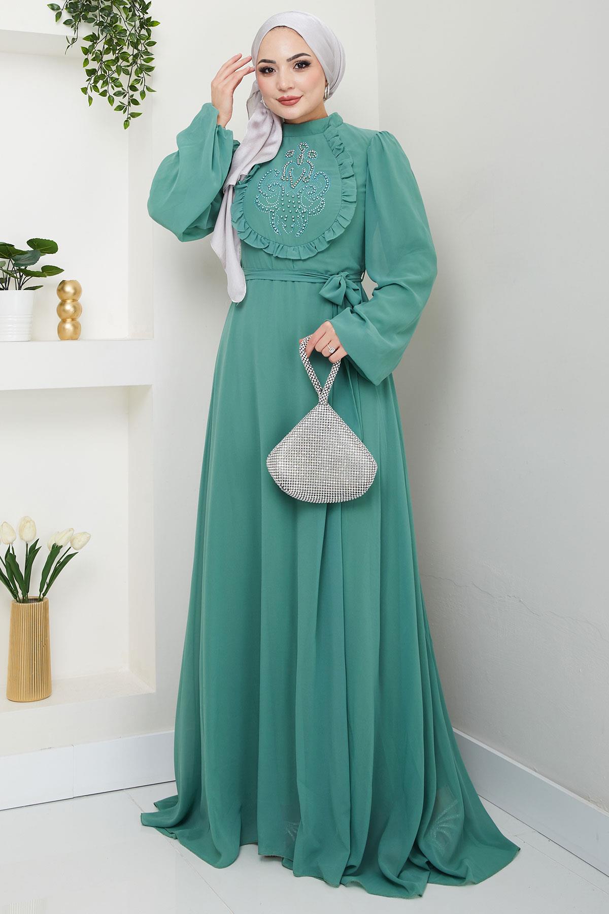 Boncuklu Şifon Abiye Elbise Mint HM2667