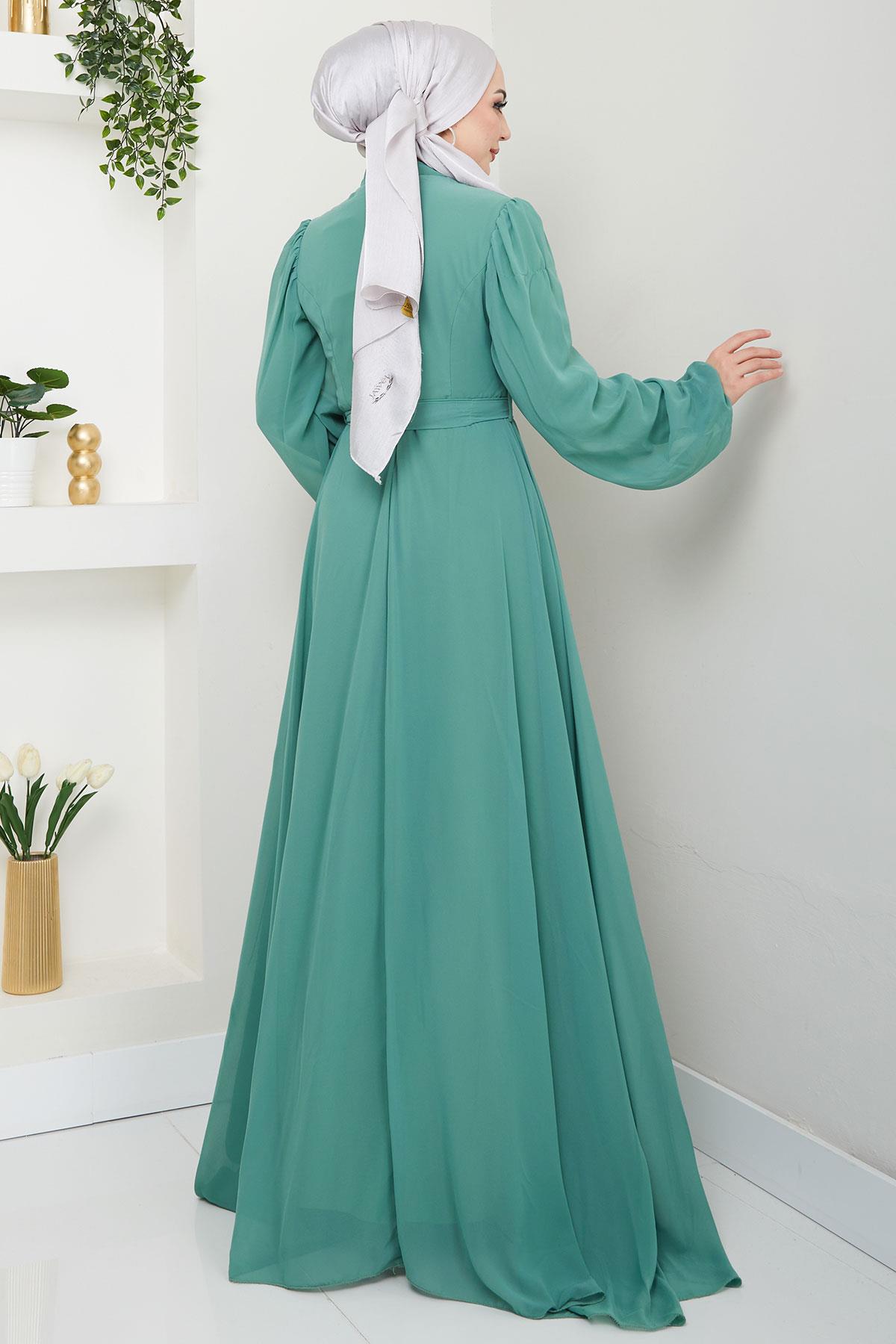 Boncuklu Şifon Abiye Elbise Mint HM2667