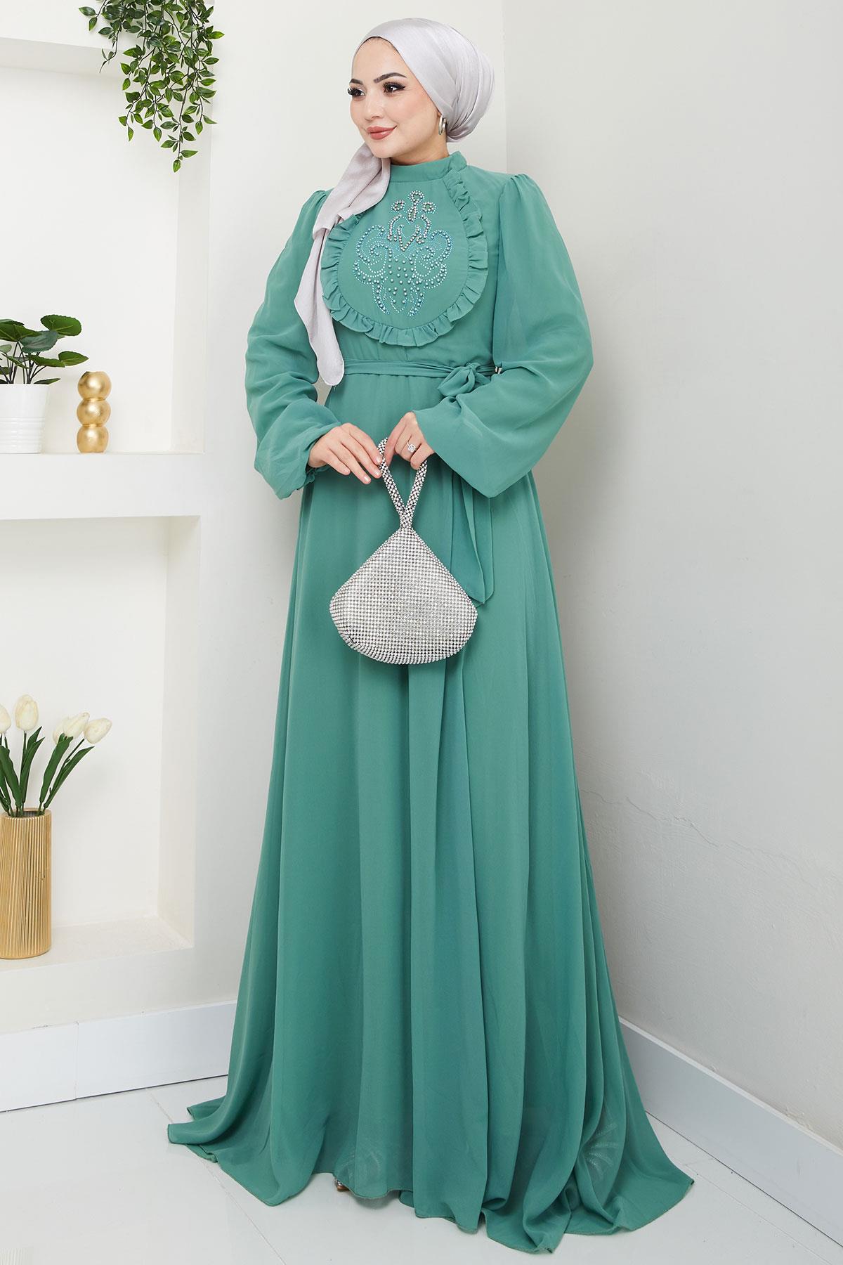 Boncuklu Şifon Abiye Elbise Mint HM2667