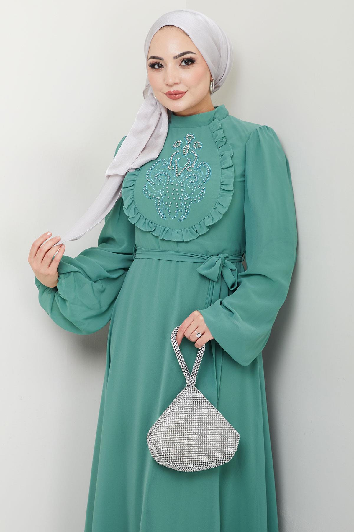 Boncuklu Şifon Abiye Elbise Mint HM2667