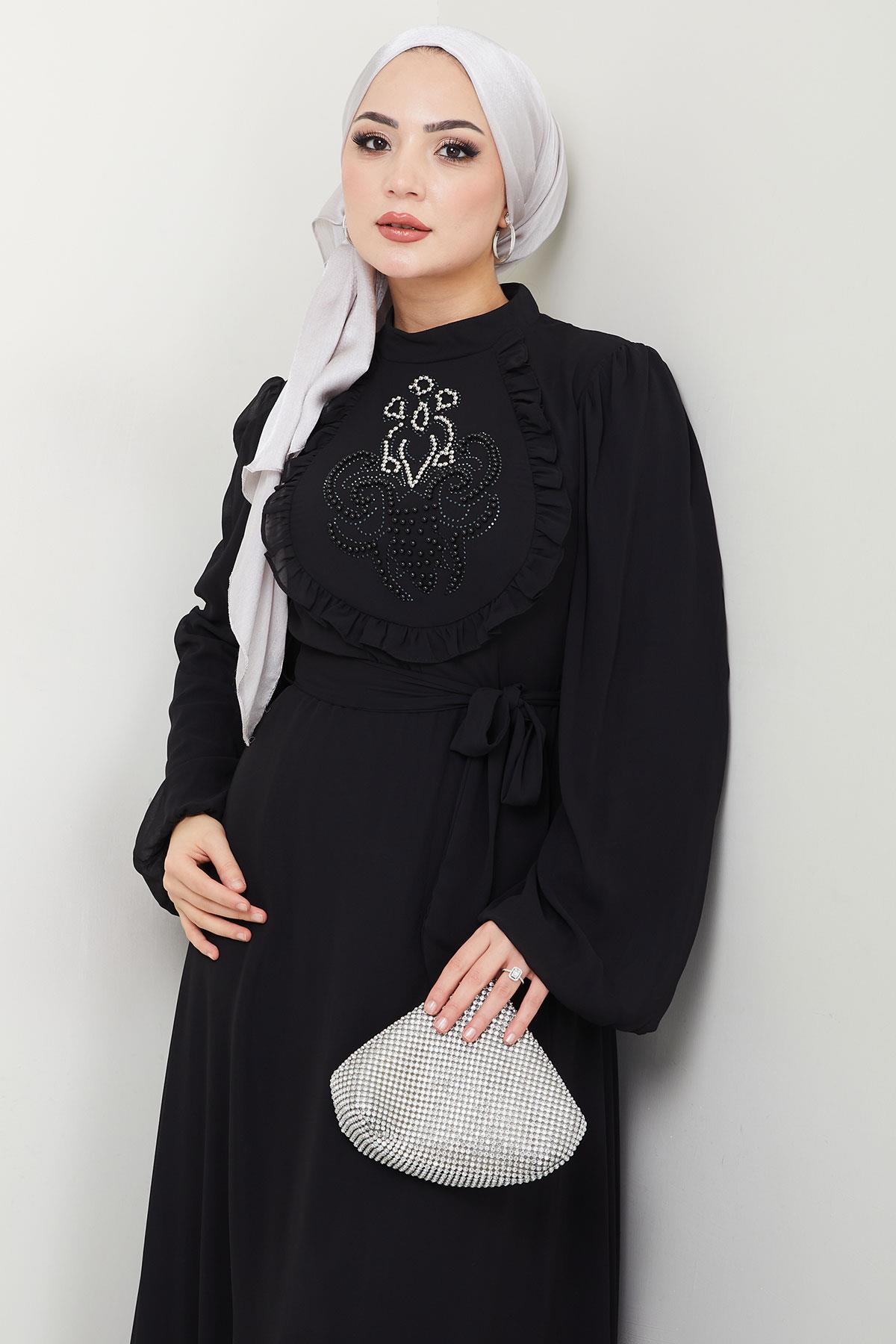 Boncuklu Şifon Abiye Elbise Siyah HM2667