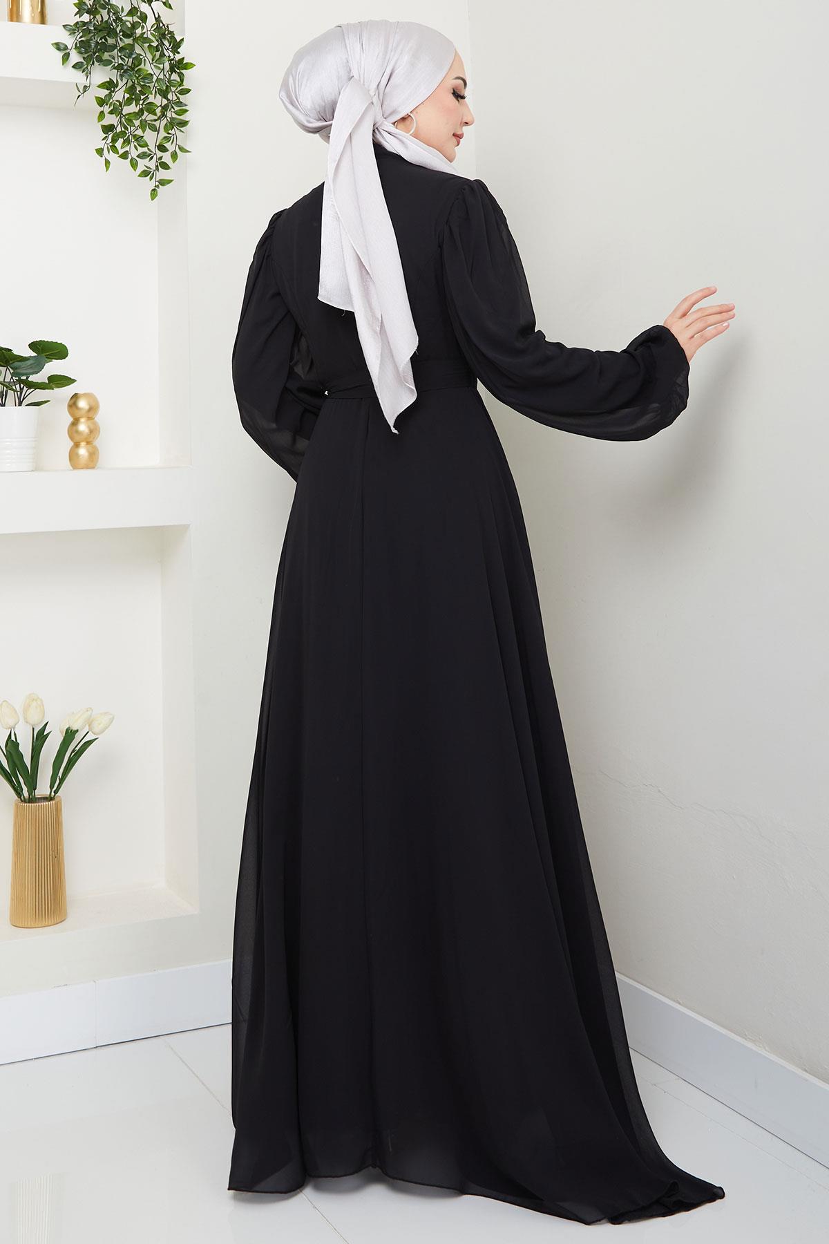 Boncuklu Şifon Abiye Elbise Siyah HM2667