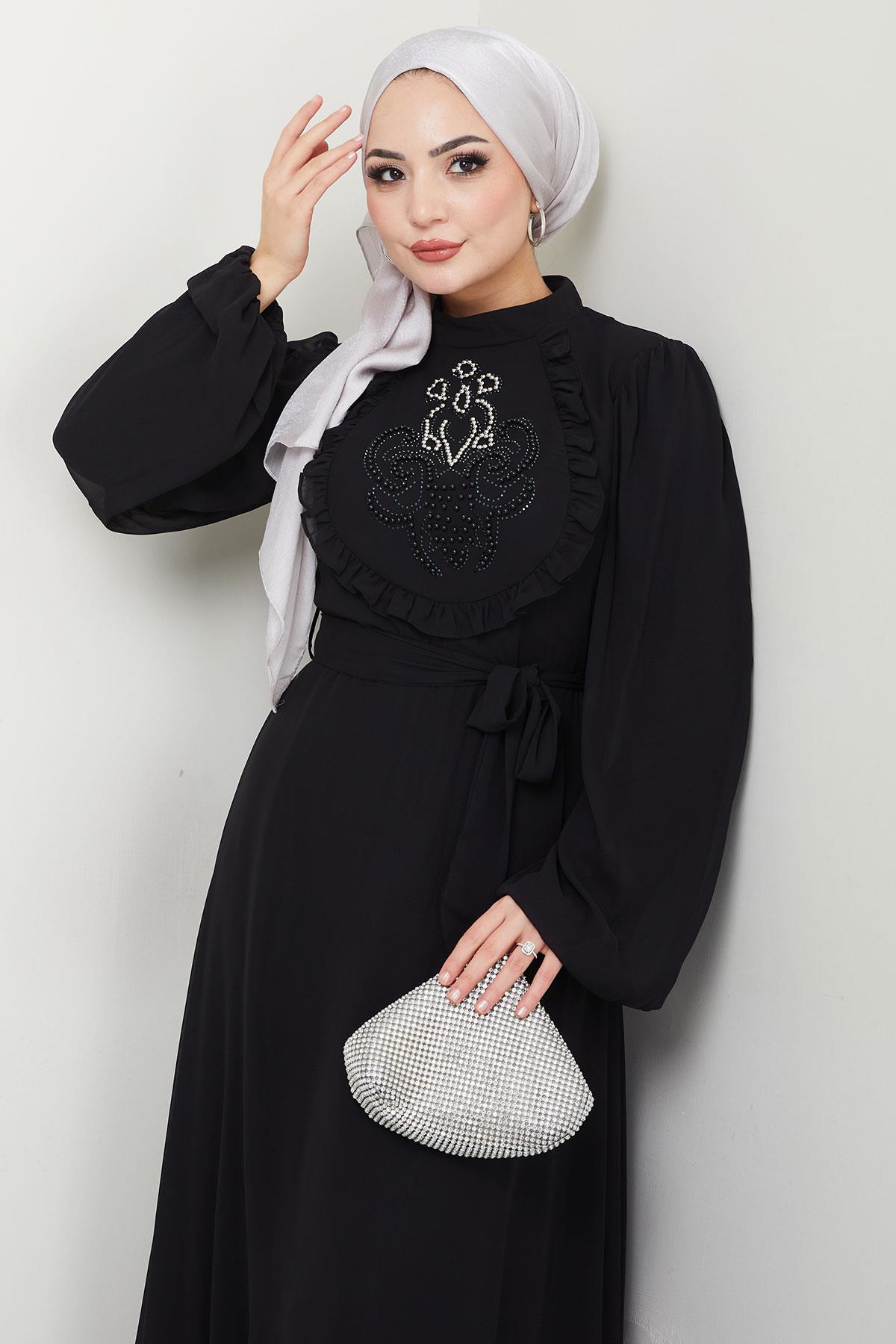 Boncuklu Şifon Abiye Elbise Siyah HM2667