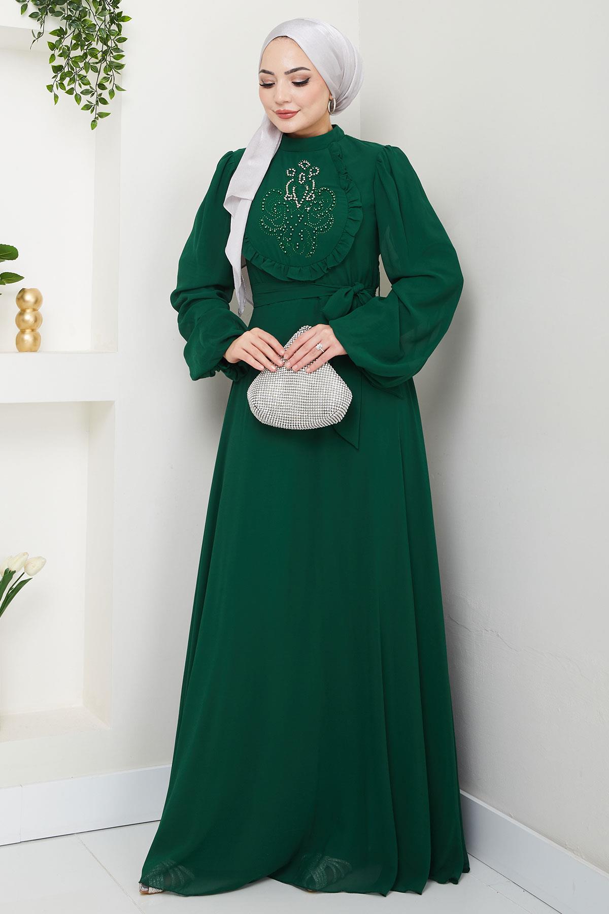 Boncuklu Şifon Abiye Elbise Zümrüt HM2667